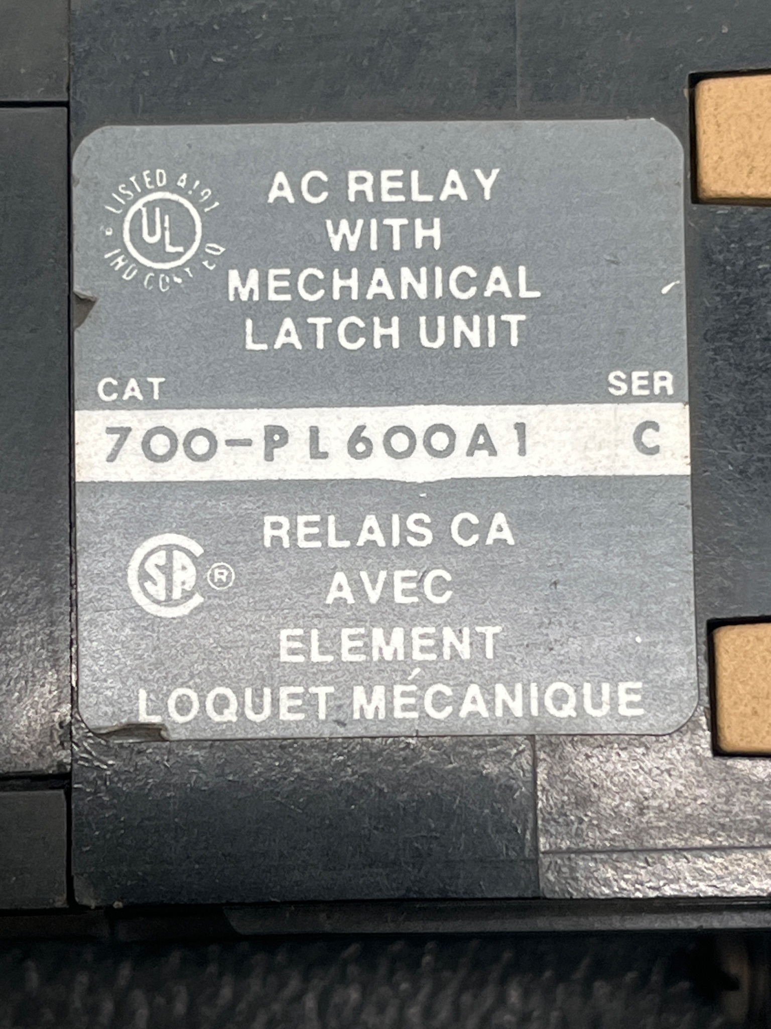 ALLEN BRADLEY 700-PL600A1 AC Relay with Mechanical Latch Unit USED 6