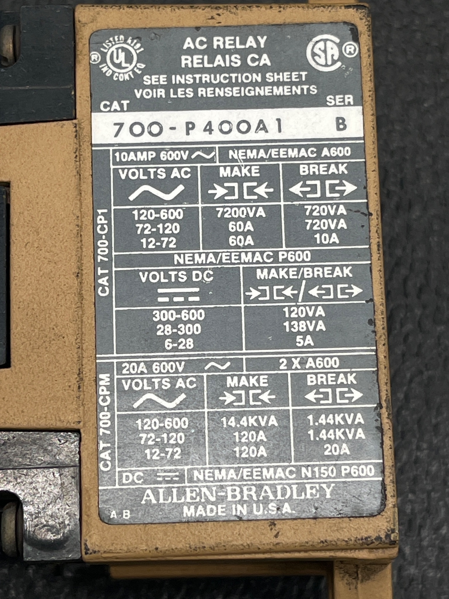ALLEN BRADLEY 700-PL600A1 AC Relay with Mechanical Latch Unit USED 7