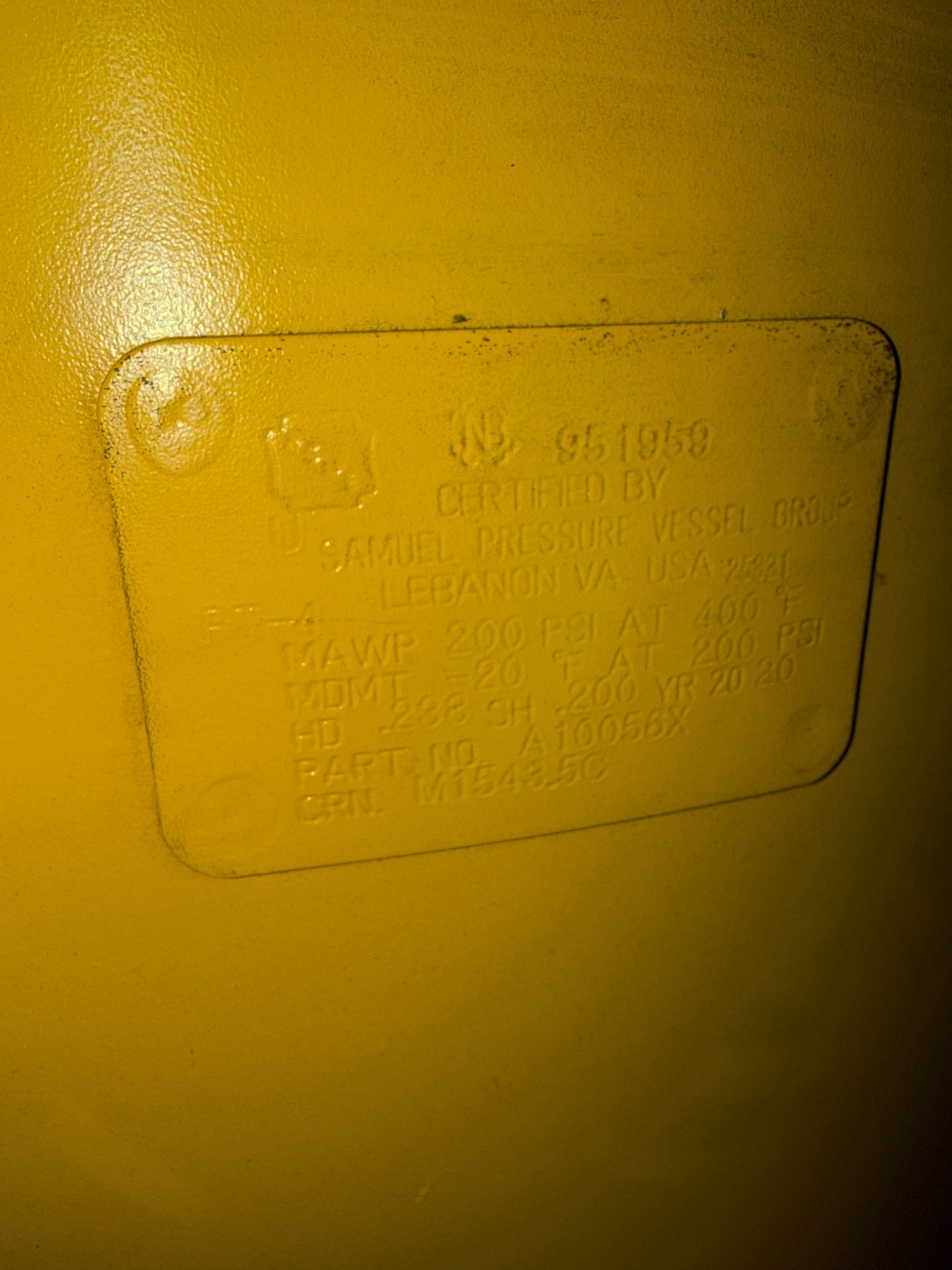 SAMUEL A10056X 400 GAL. Vertical Air Receiver USED 4