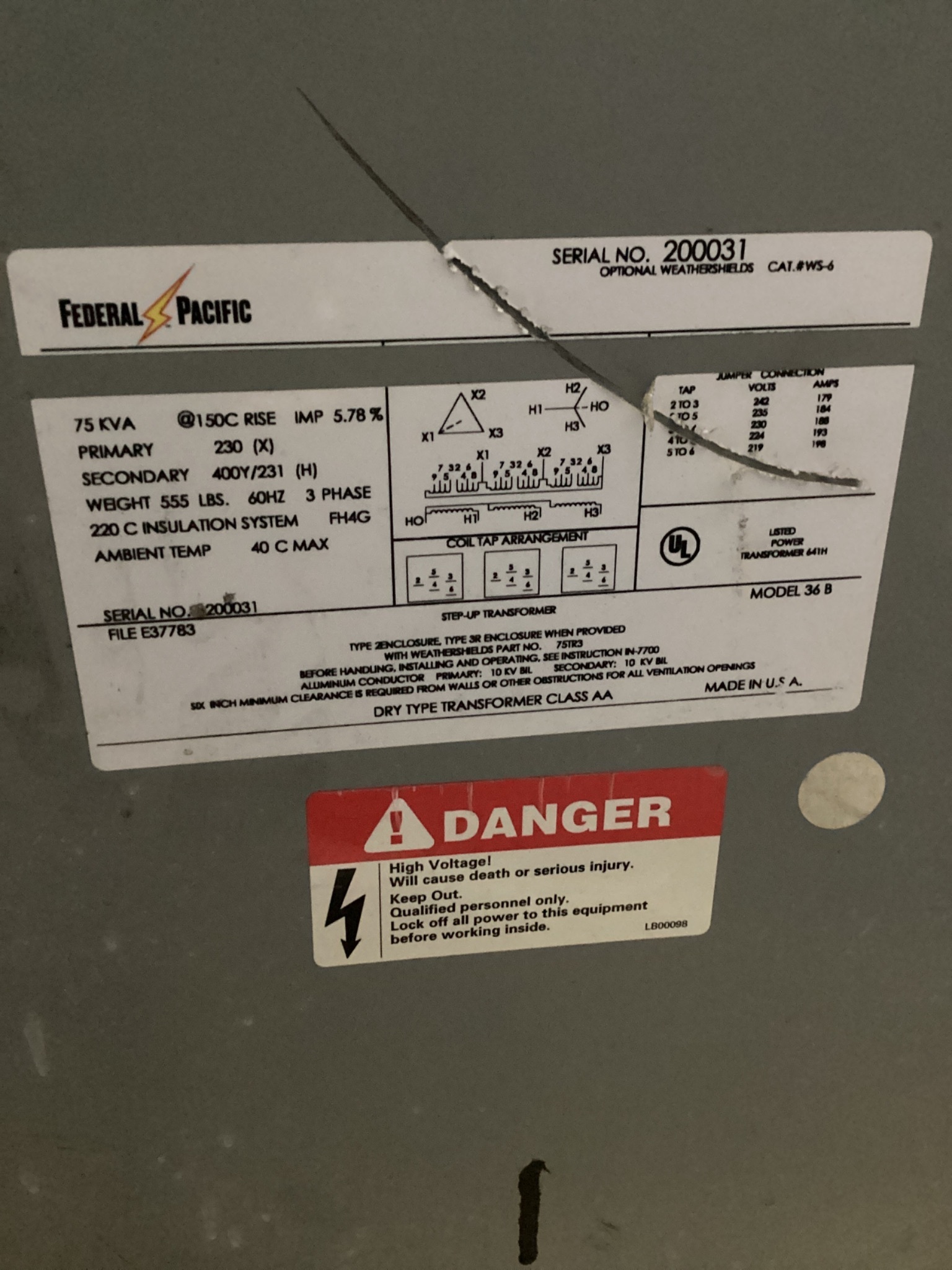 FEDERAL PACIFIC WS-6 Transformer 230V - 400Y/231V 75 KVA 3PH USED 4