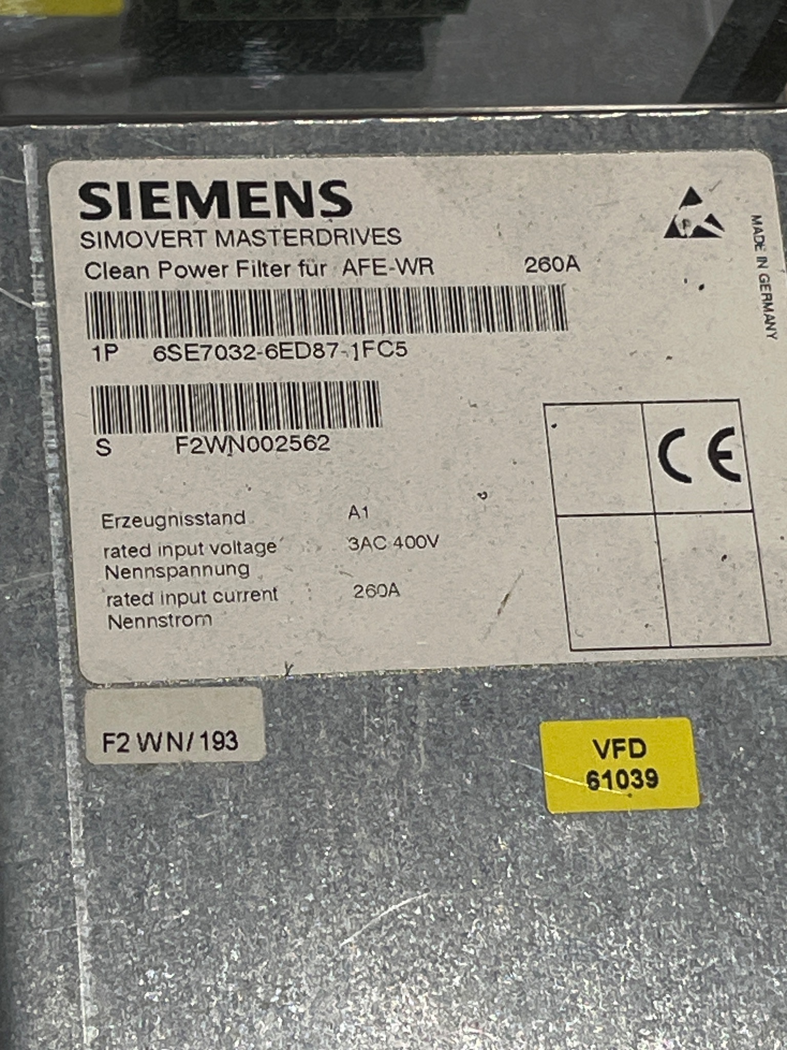 SIEMENS 6SE7032-6ED87-1FC5 SIMOVERT Masterdrives Clean Power Filter USED 3
