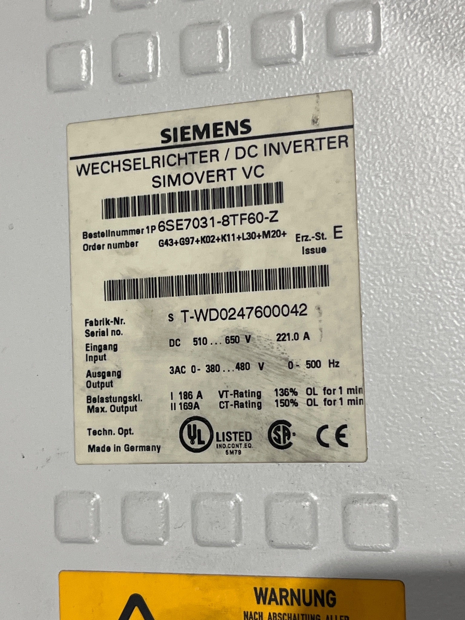 SIEMENS 6SE7031-8TF60-Z SIMOVERT VC DC Inverter USED 7