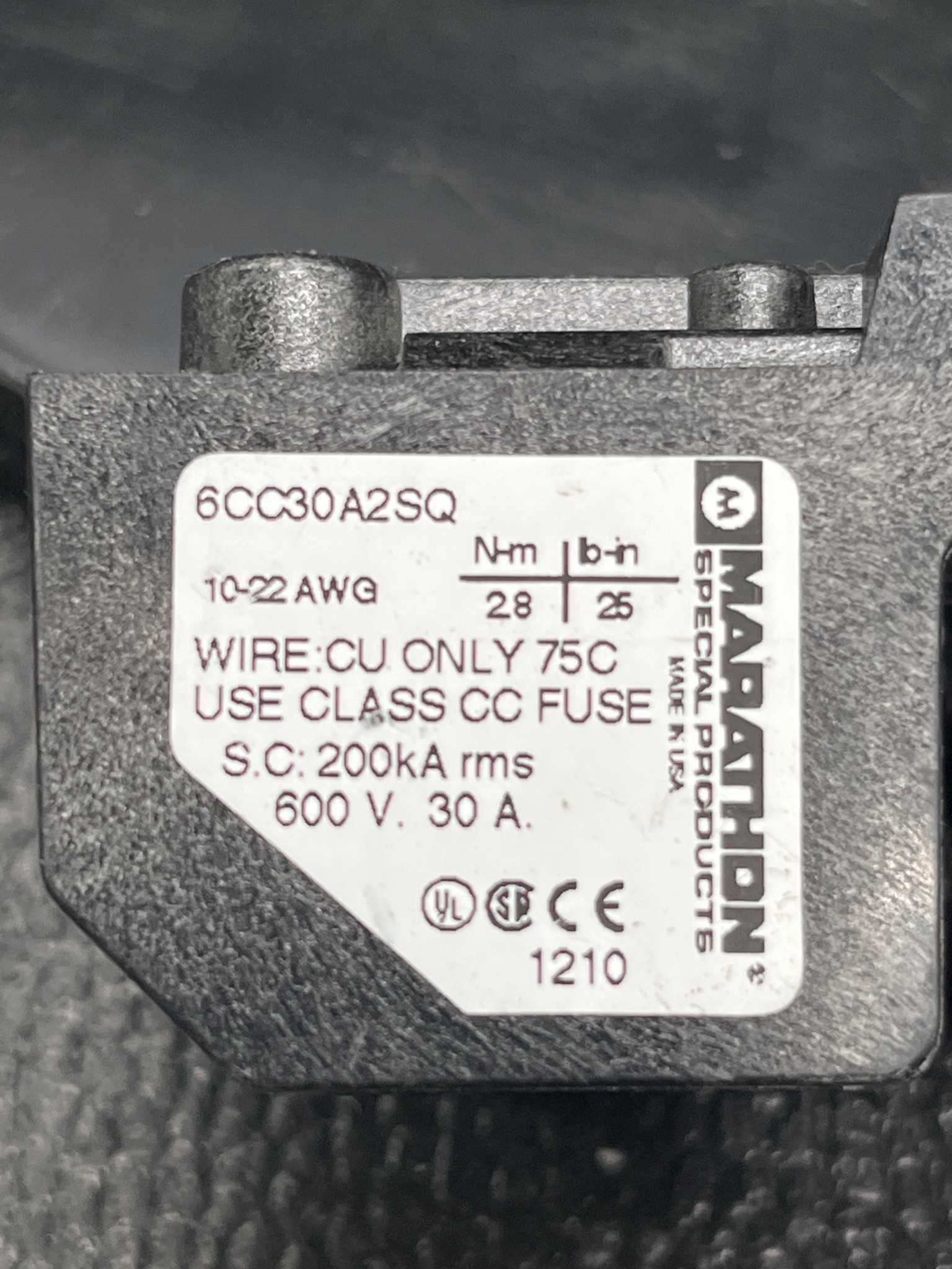 MARATHON 6CC30A2SQ 2-Pole Fuse Holder USED 4