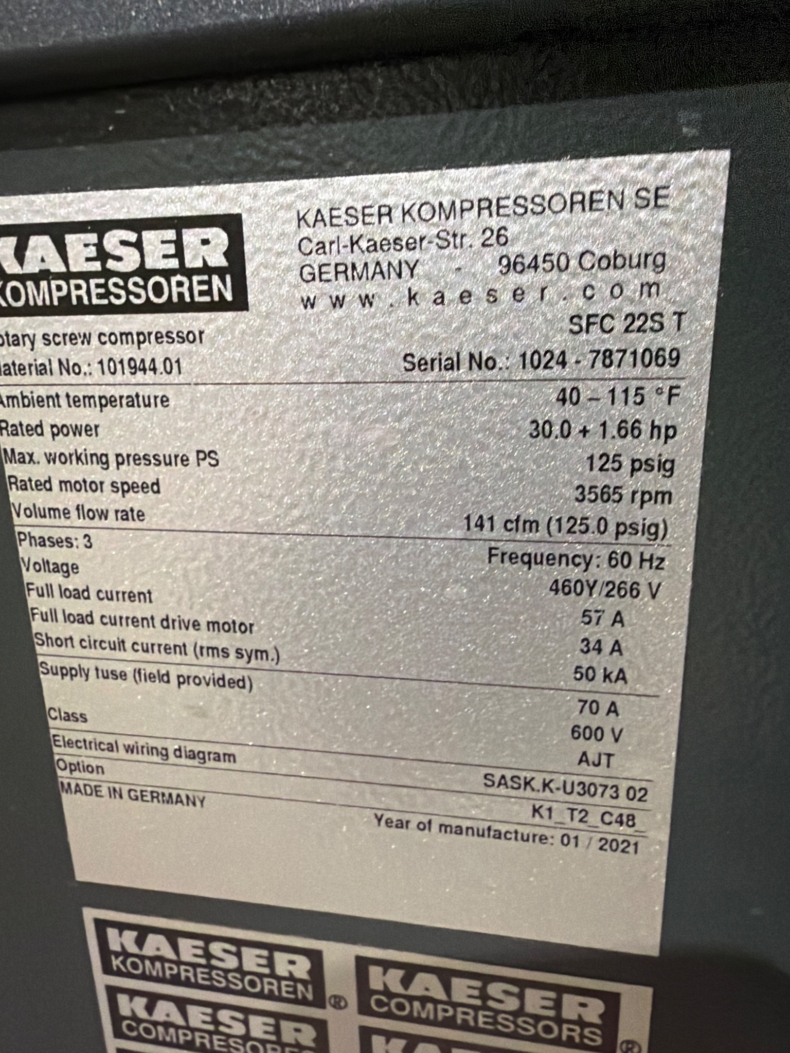 2021 KAESER SFC 22S T 30HP Rotary Screw Compressor w/ ABT 40 Dryer USED 5