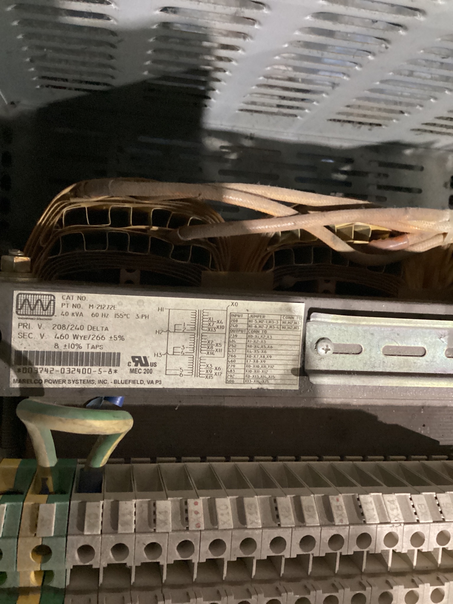 MARELCO M-21272E Transformer 208/240V - 460V 40 KVA 3PH USED 5