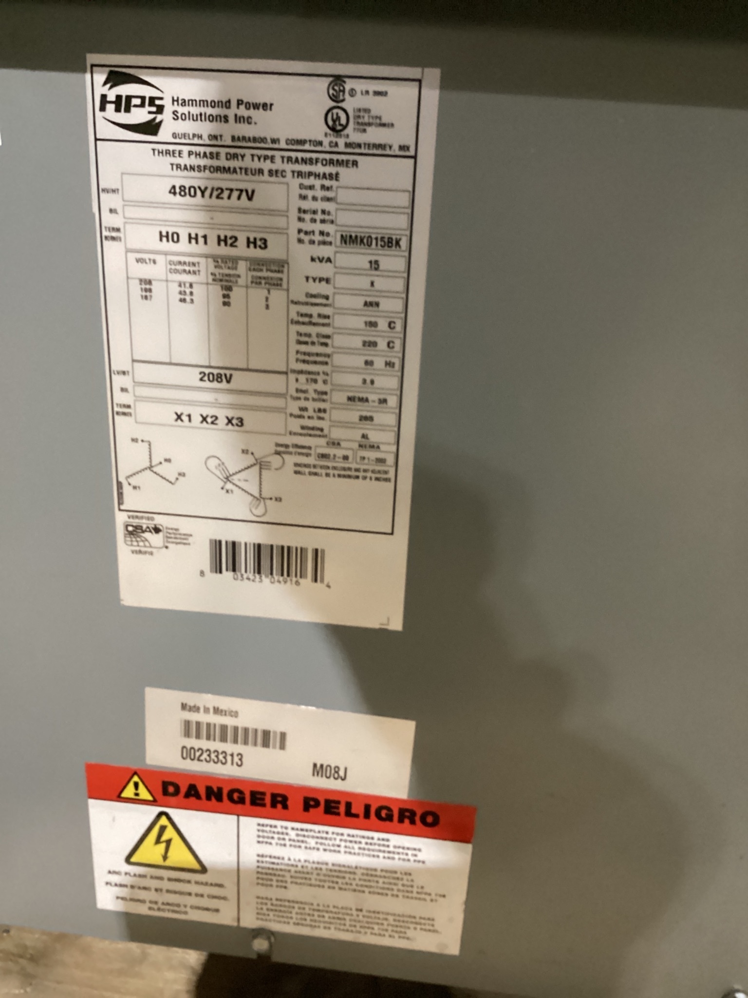 HPS NMK015BK Transformer 480Y/277V - 208V, 15 kVa, 3PH USED 4