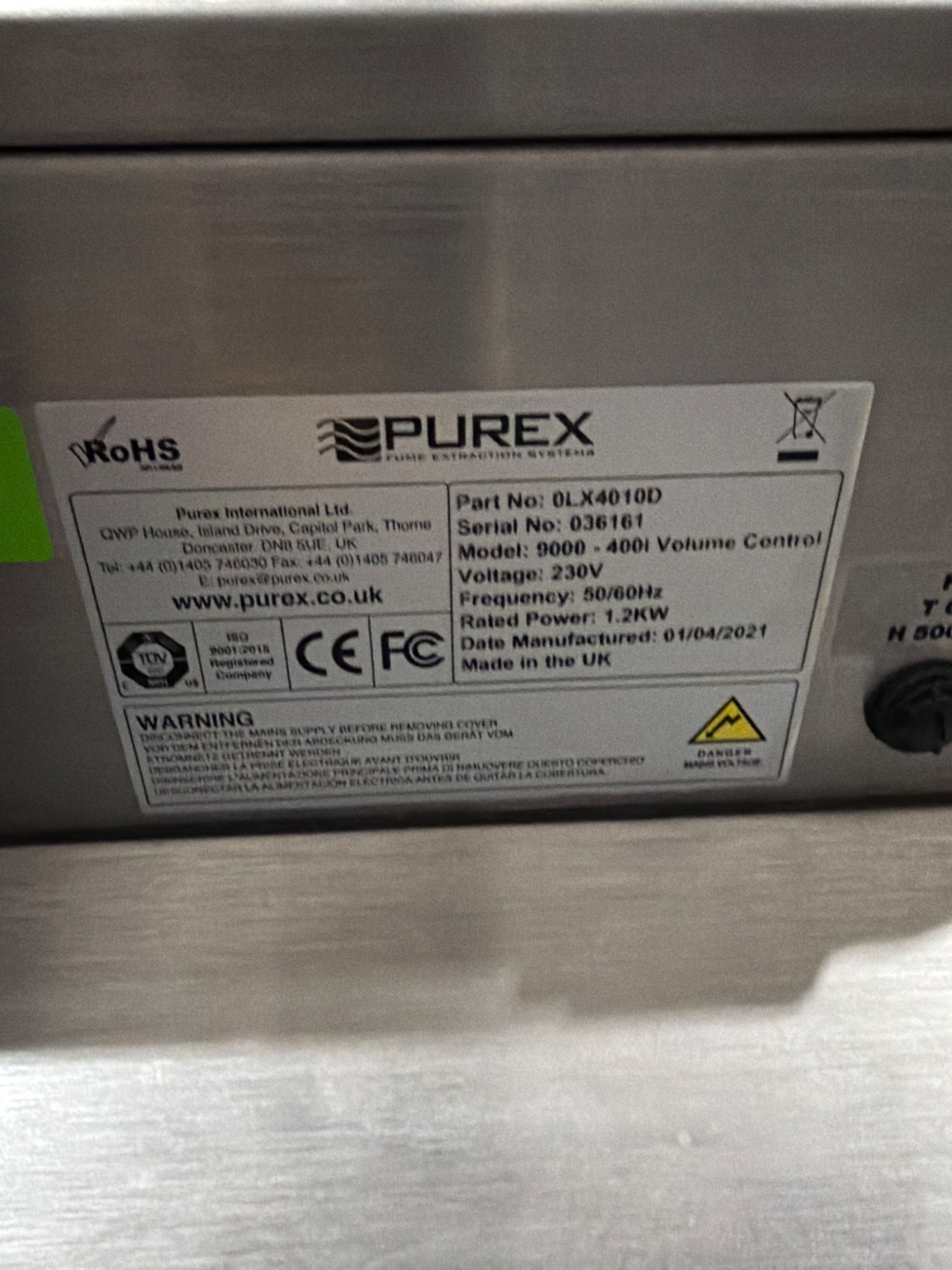 PUREX 0LX4010D 400i Digital Fume Extraction Unit 230V USED 4