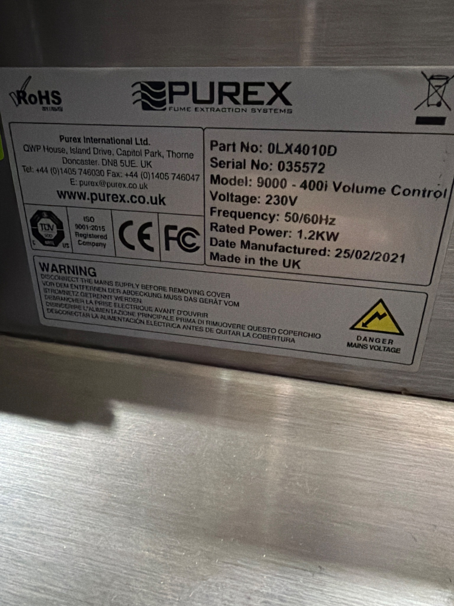 PUREX 0LX4010D 400i Digital Fume Extraction Unit 230V USED 4