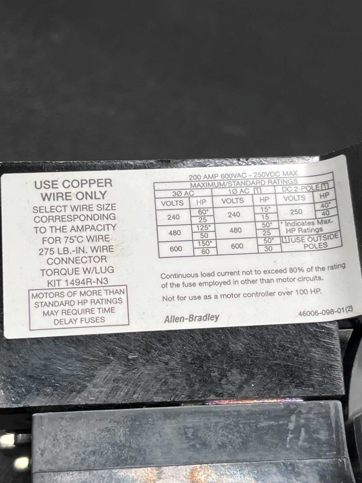 ALLEN BRADLEY 1494F-D200 Fusible Disconnect Switch USED 6
