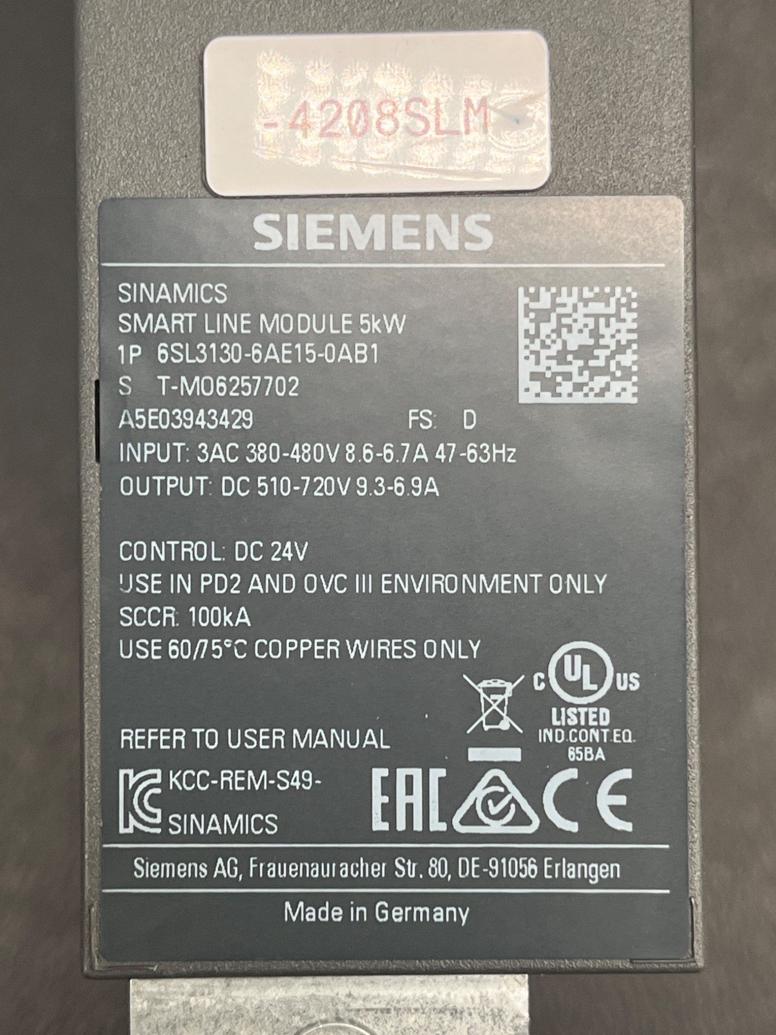 SIEMENS 6SL3130-6AE15-0AB1 SINAMICS Smart Line Module 5kW USED 4