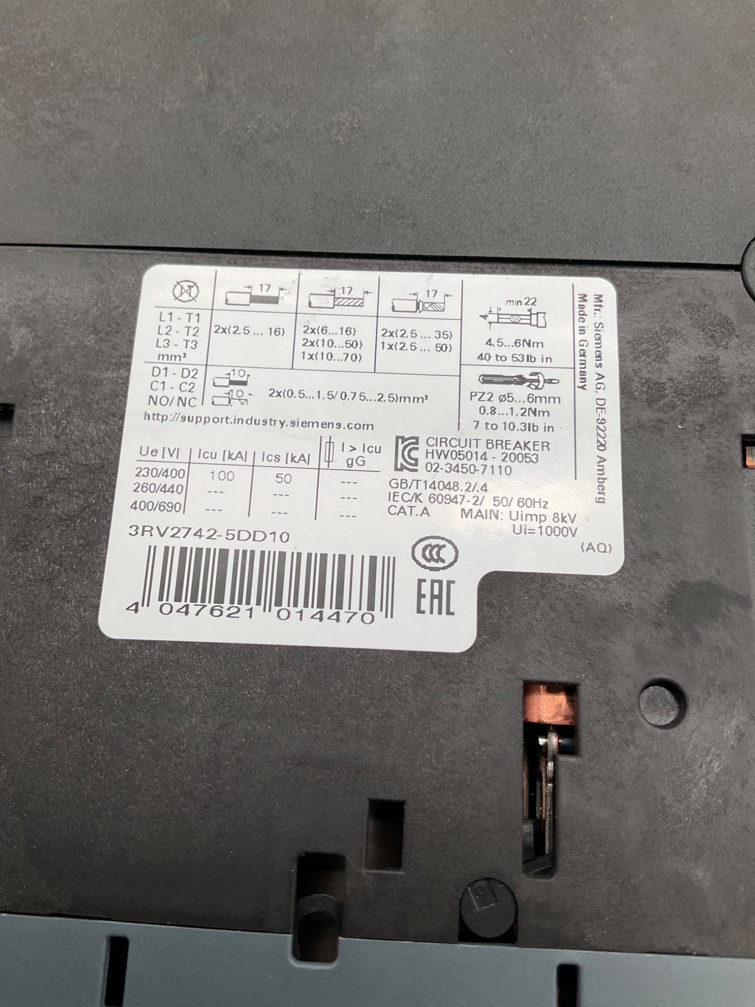 SIEMENS 3RV2742‑5DD10 SIRIUS S3 Motor Starter Circuit Breaker USED 5