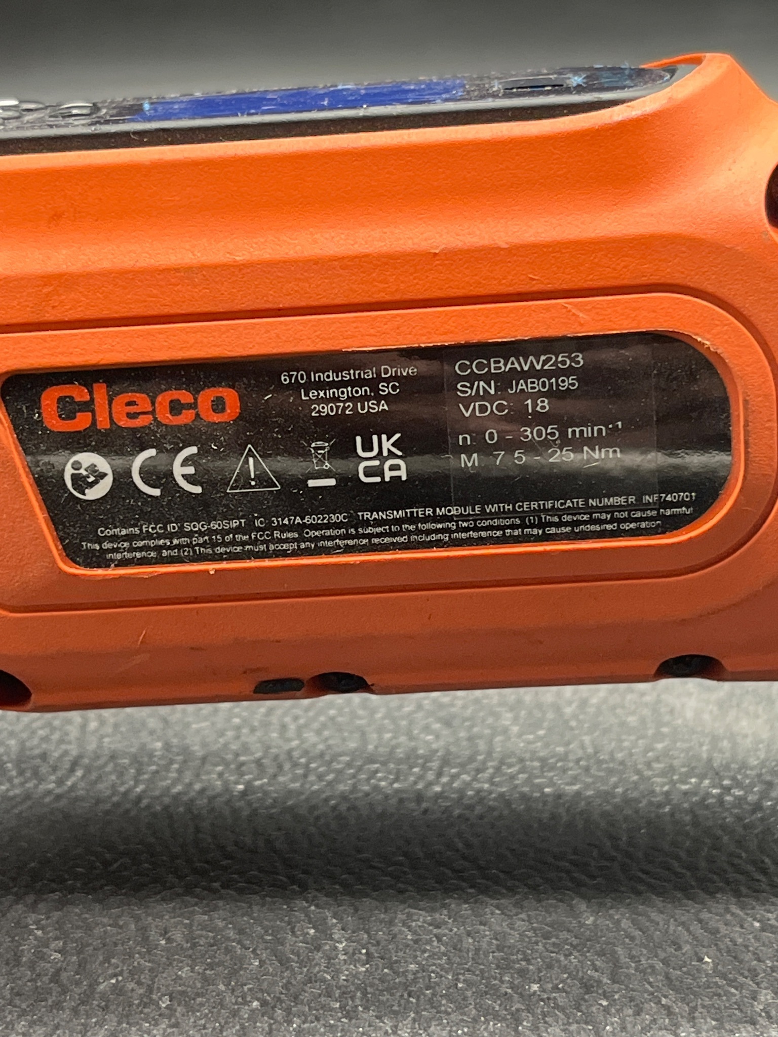 CLECO CCBAW253 CORDLESS ELECTRONIC TORQUE WRENCH 7.5–25 NM USED 5