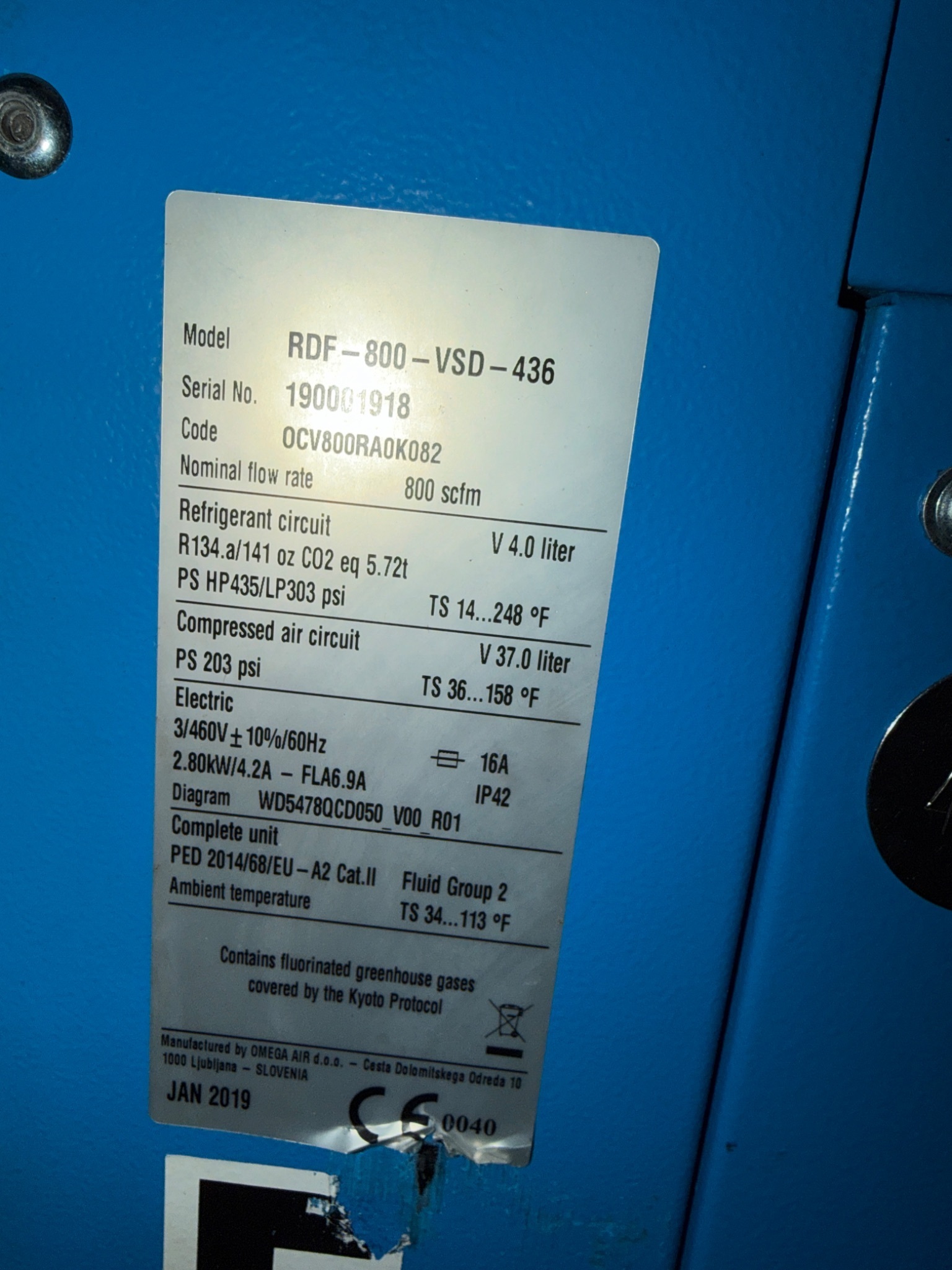 OMEGA AIR RDF-800-VSD-436 REFRIGERATED AIR DRYER USED 1