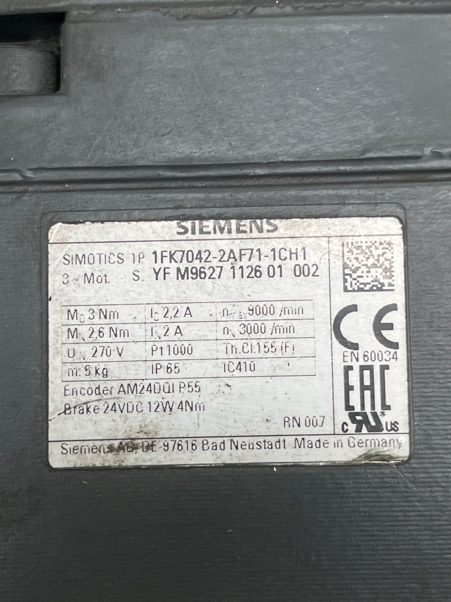 SIEMENS 1FK7042‑2AF71‑1CH1 SIMOTICS Servo Motor USED 5