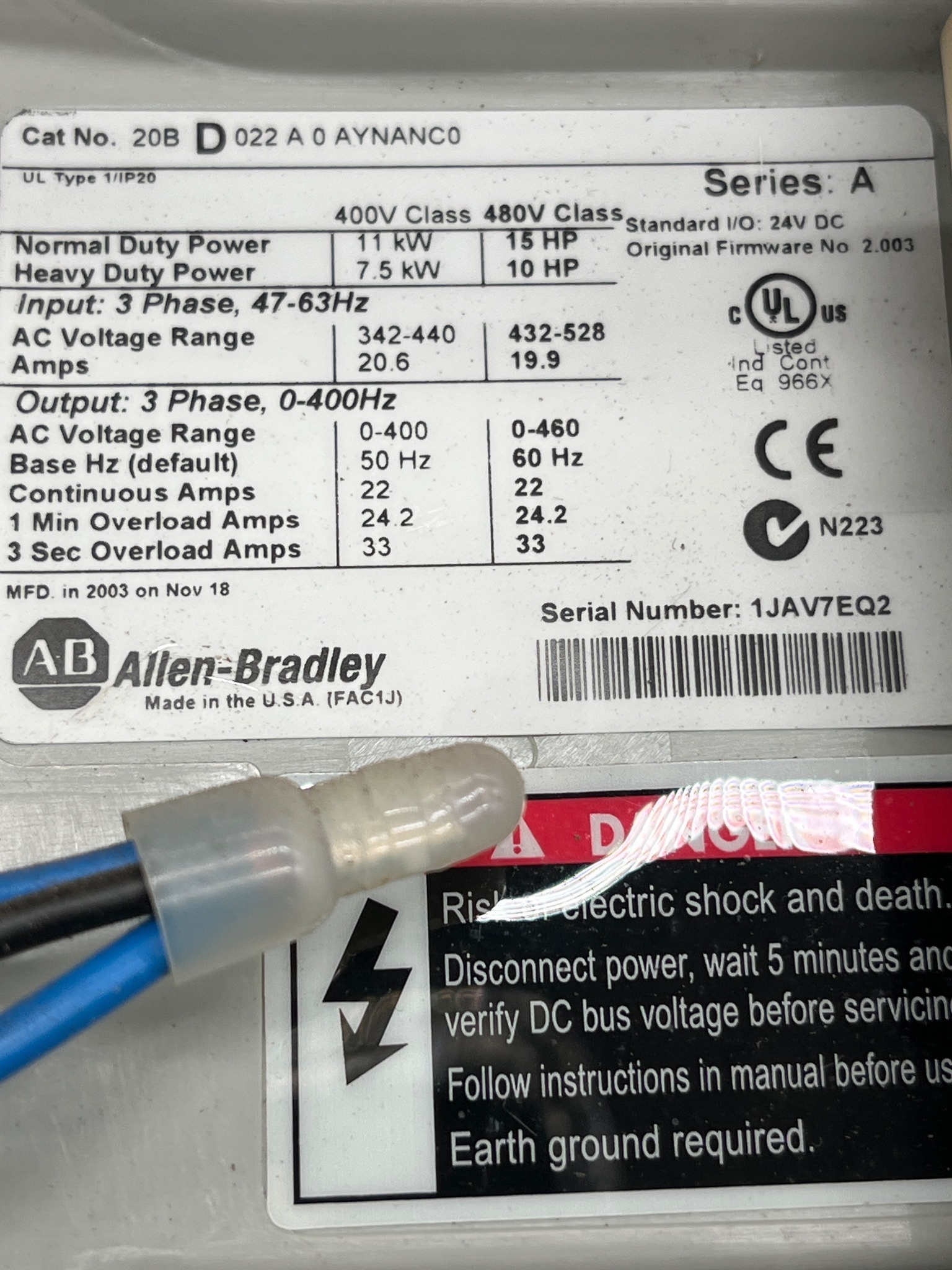 ALLEN BRADLEY 20B-D022A0AYNANC0 PowerFlex 700 AC Drive USED 5