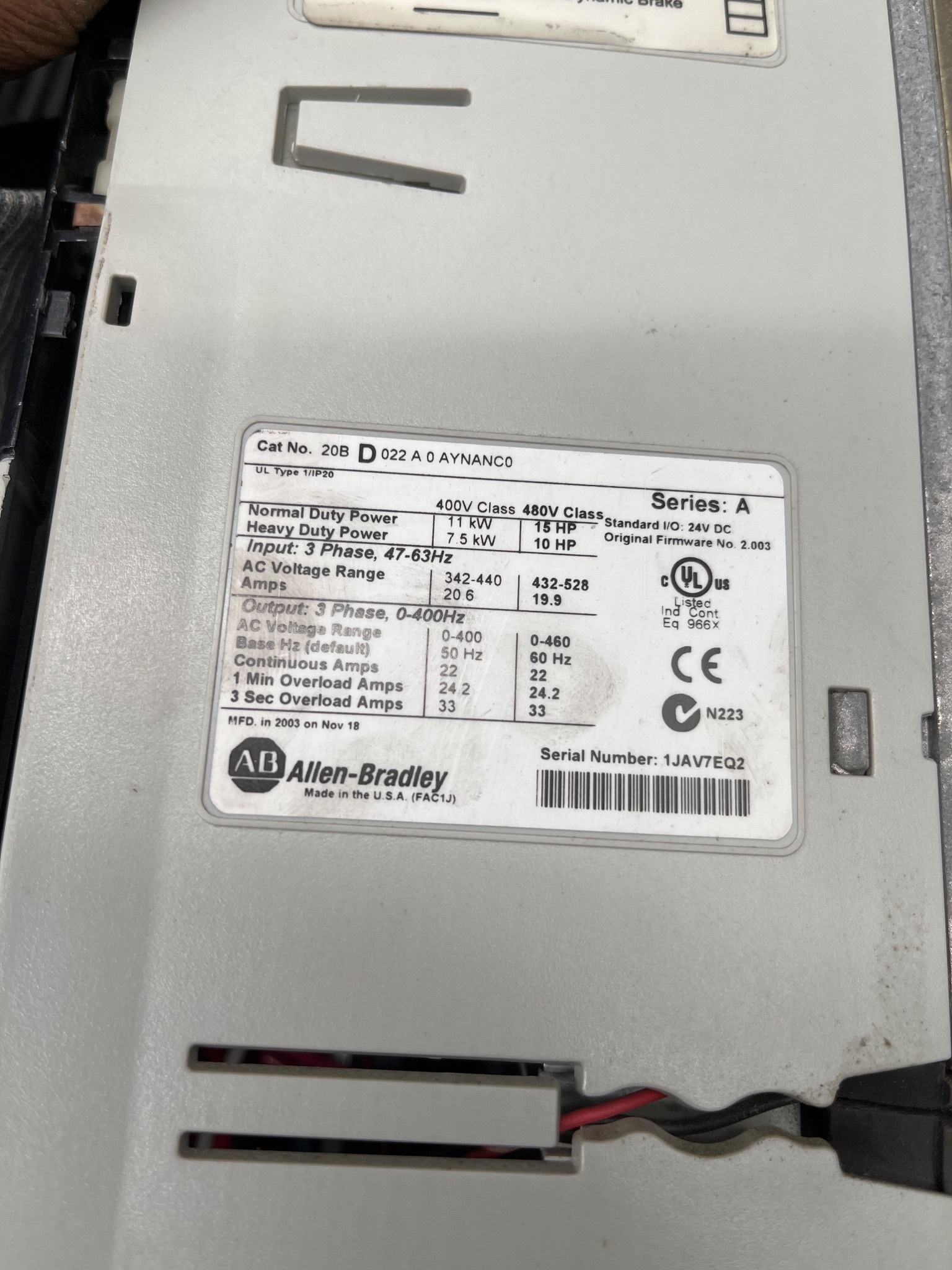 ALLEN BRADLEY 20B-D022A0AYNANC0 PowerFlex 700 AC Drive USED 7