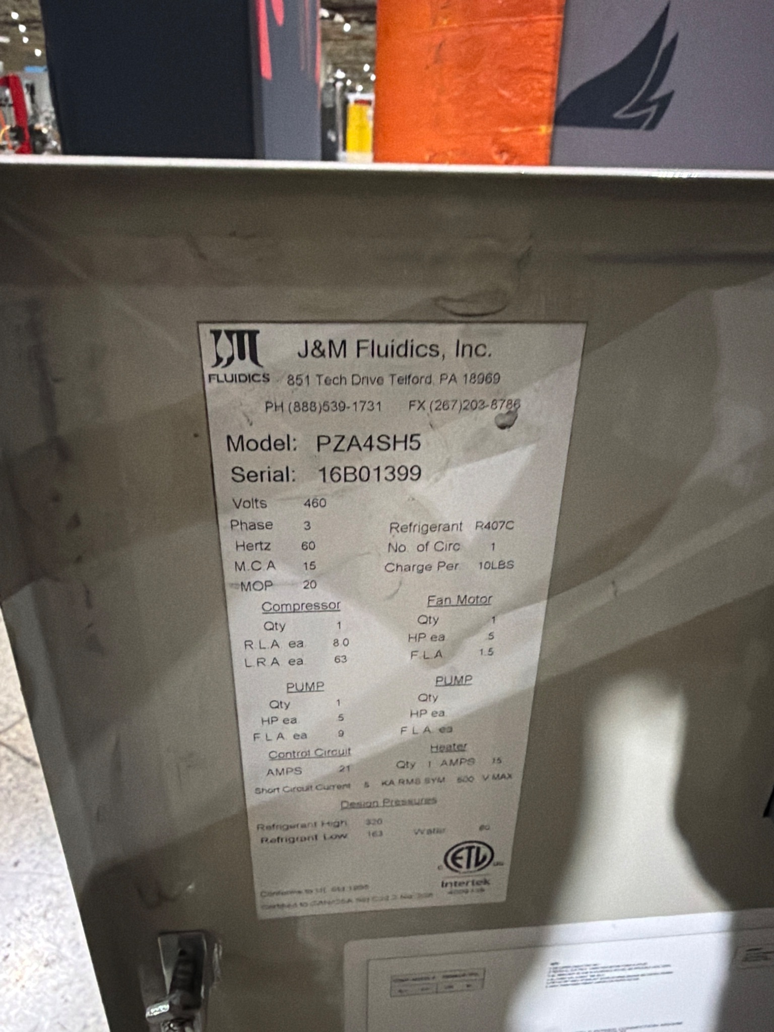 J&M FLUIDICS PZA4SH5 Chiller 460V 3PH USED 6