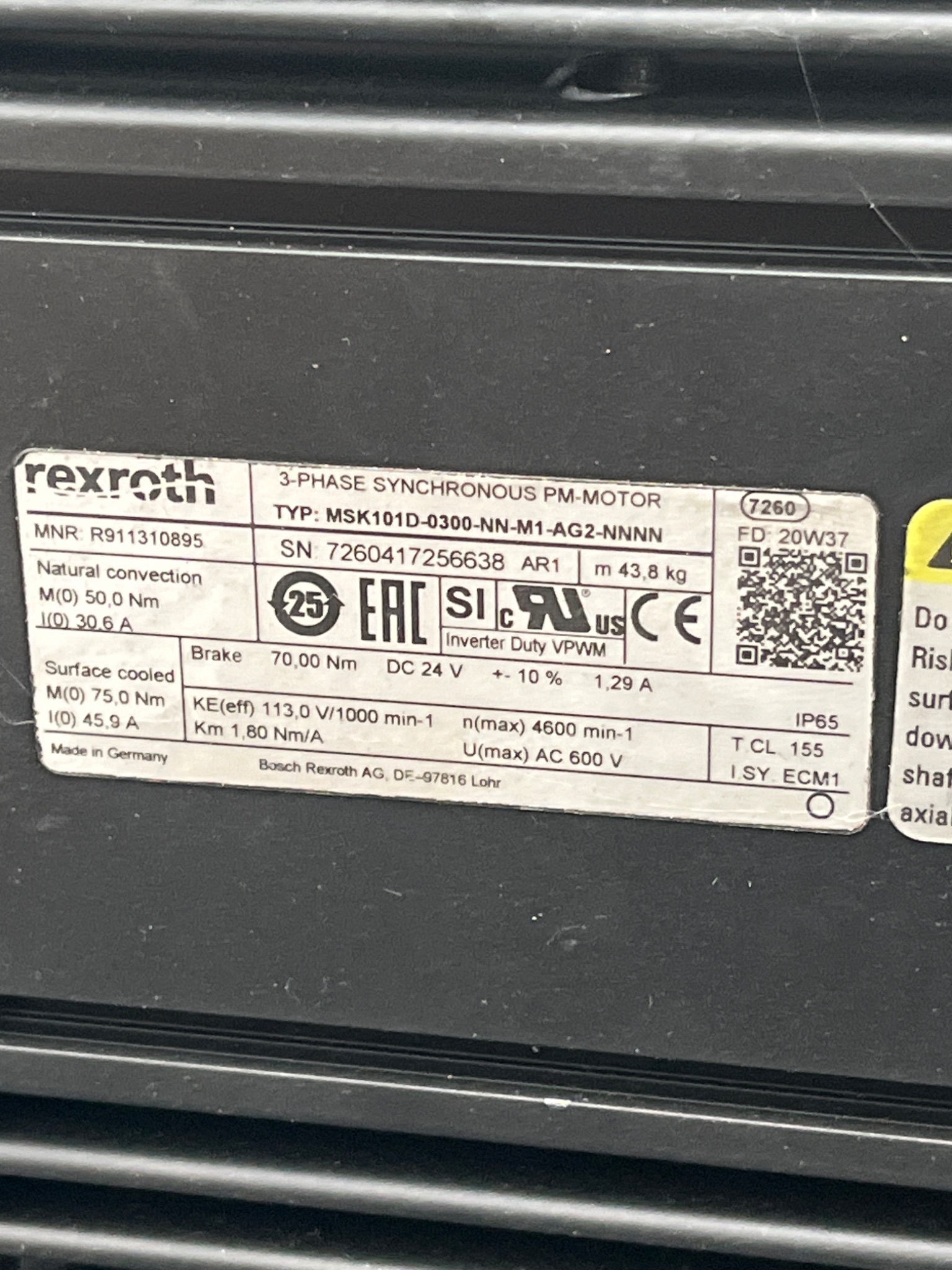 REXROTH MSK101D‑0300‑NN‑M1‑AG2‑NNNN 3‑Phase Synchronous PM‑Motor USED 5