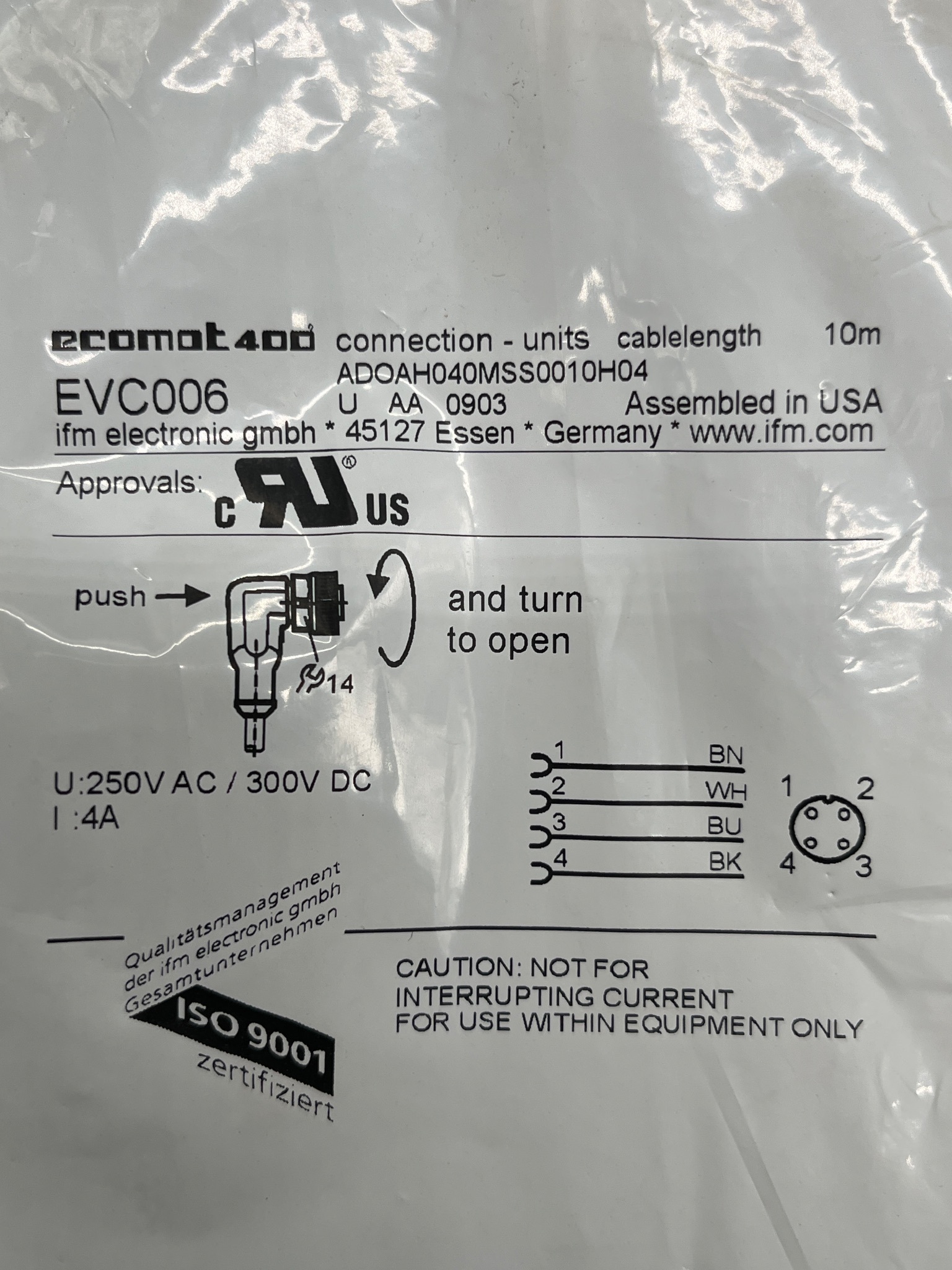 IFM Electronic EVC006 4-Pin Sensor Cable 10m NEW 3
