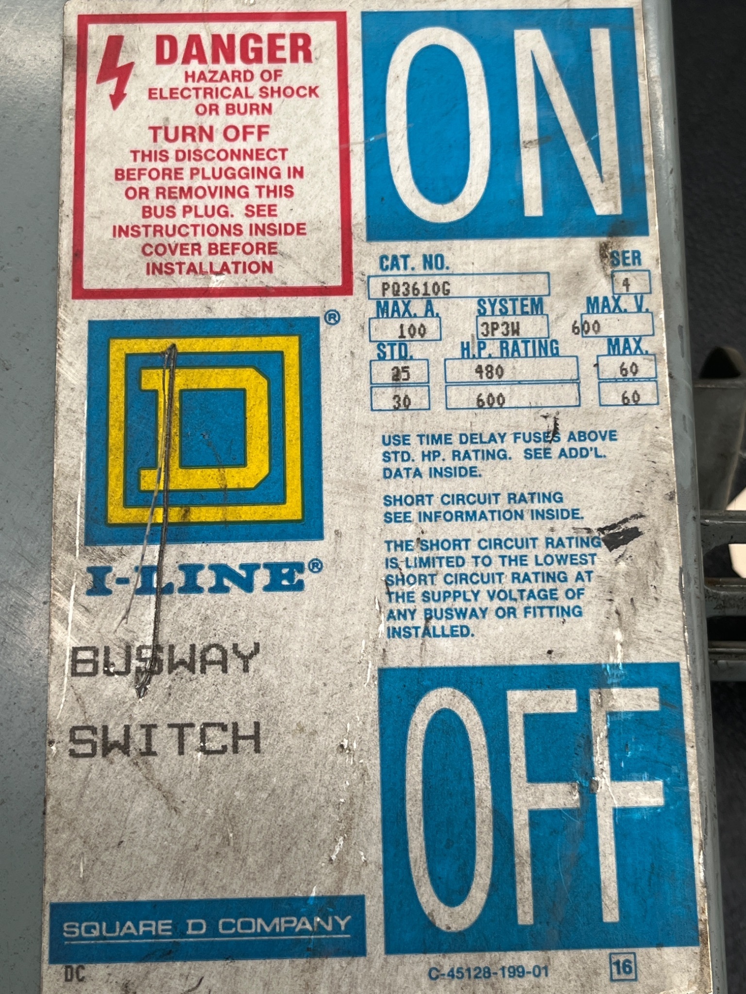 SQUARE D PQ3610G 100A I‑Line Busway Switch 600V 3P3W USED 5