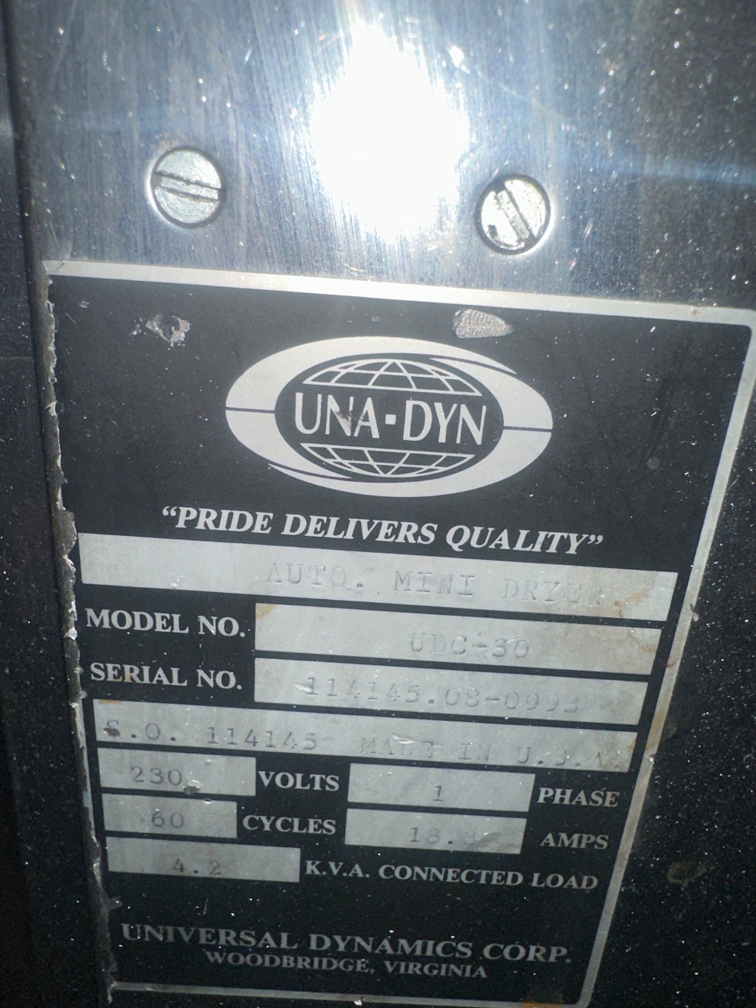 UNA-DYN UDC-30 Auto Mini-Dryer w/ 50# Modular Hopper USED 6