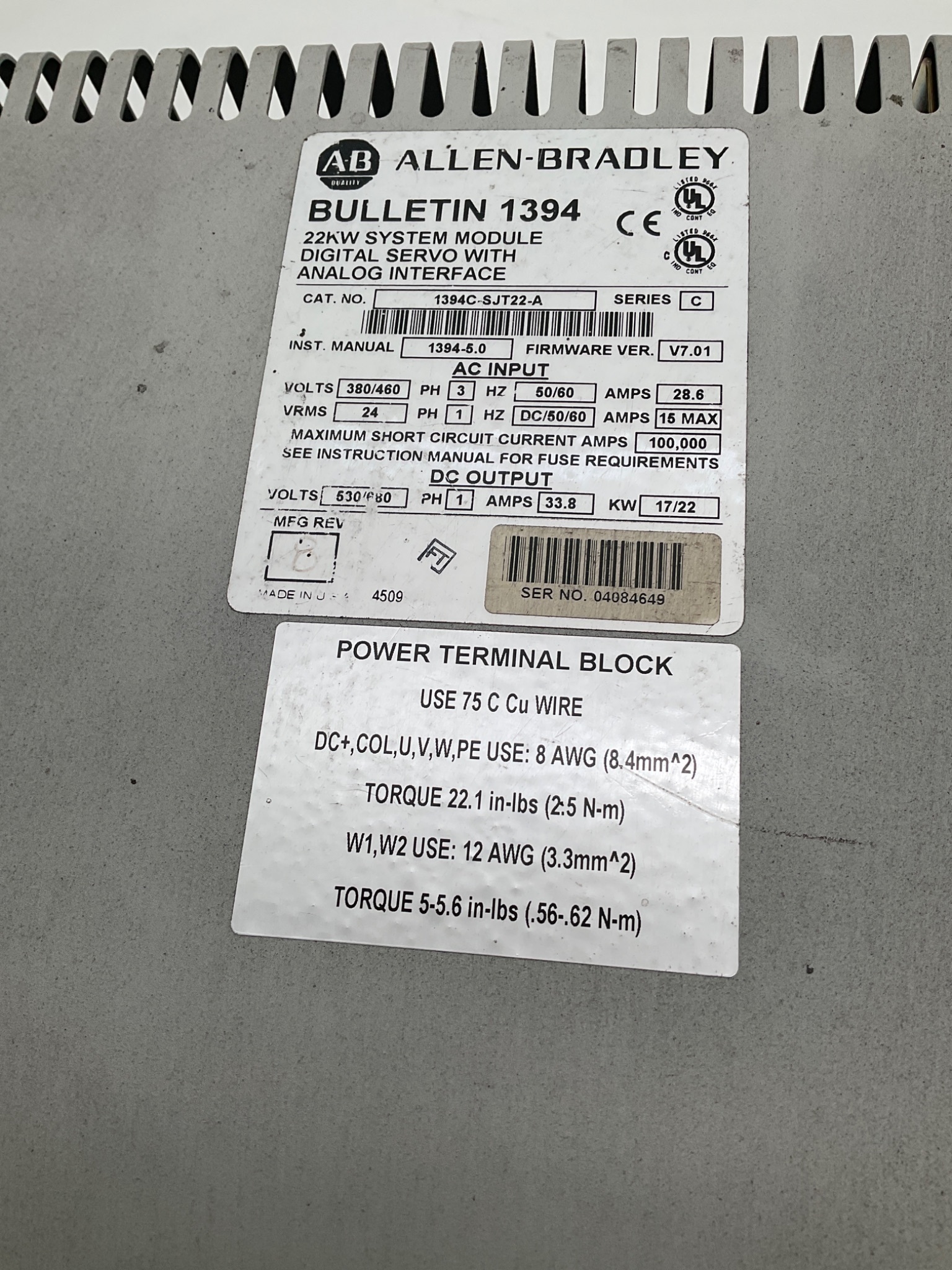 ALLEN BRADLEY 1394C‑SJT22‑A 22kW Digital Servo Controller USED 2