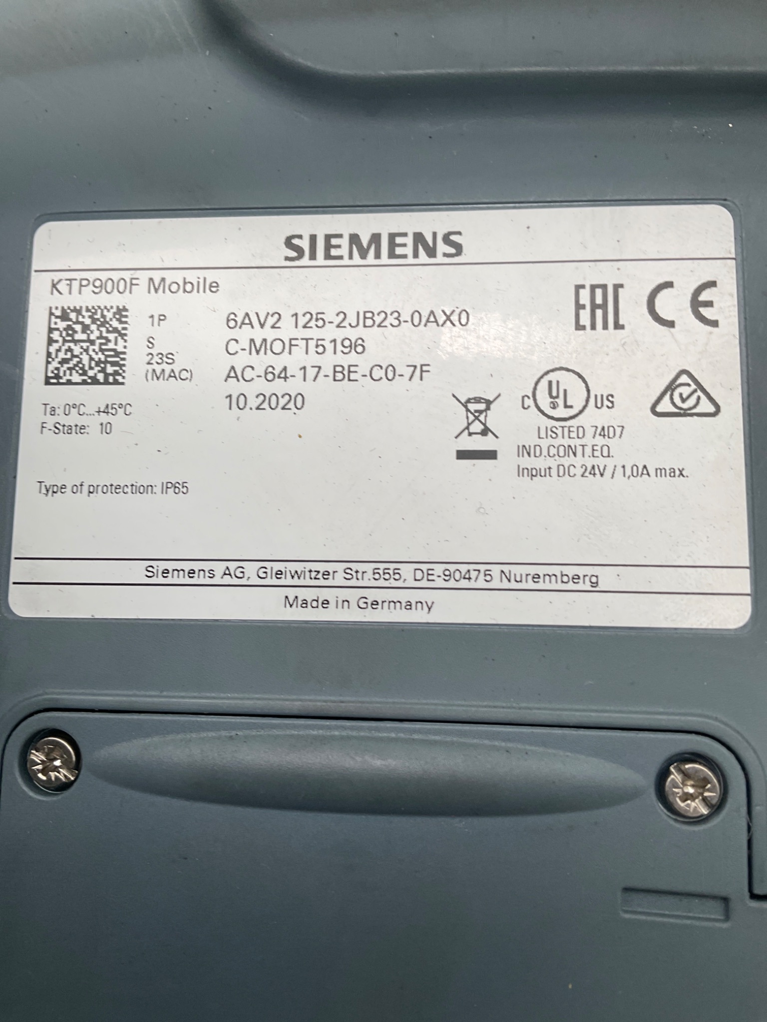SIEMENS 6AV2125‑2JB23‑0AX0 KTP900F Mobile SIMATIC HMI USED 2