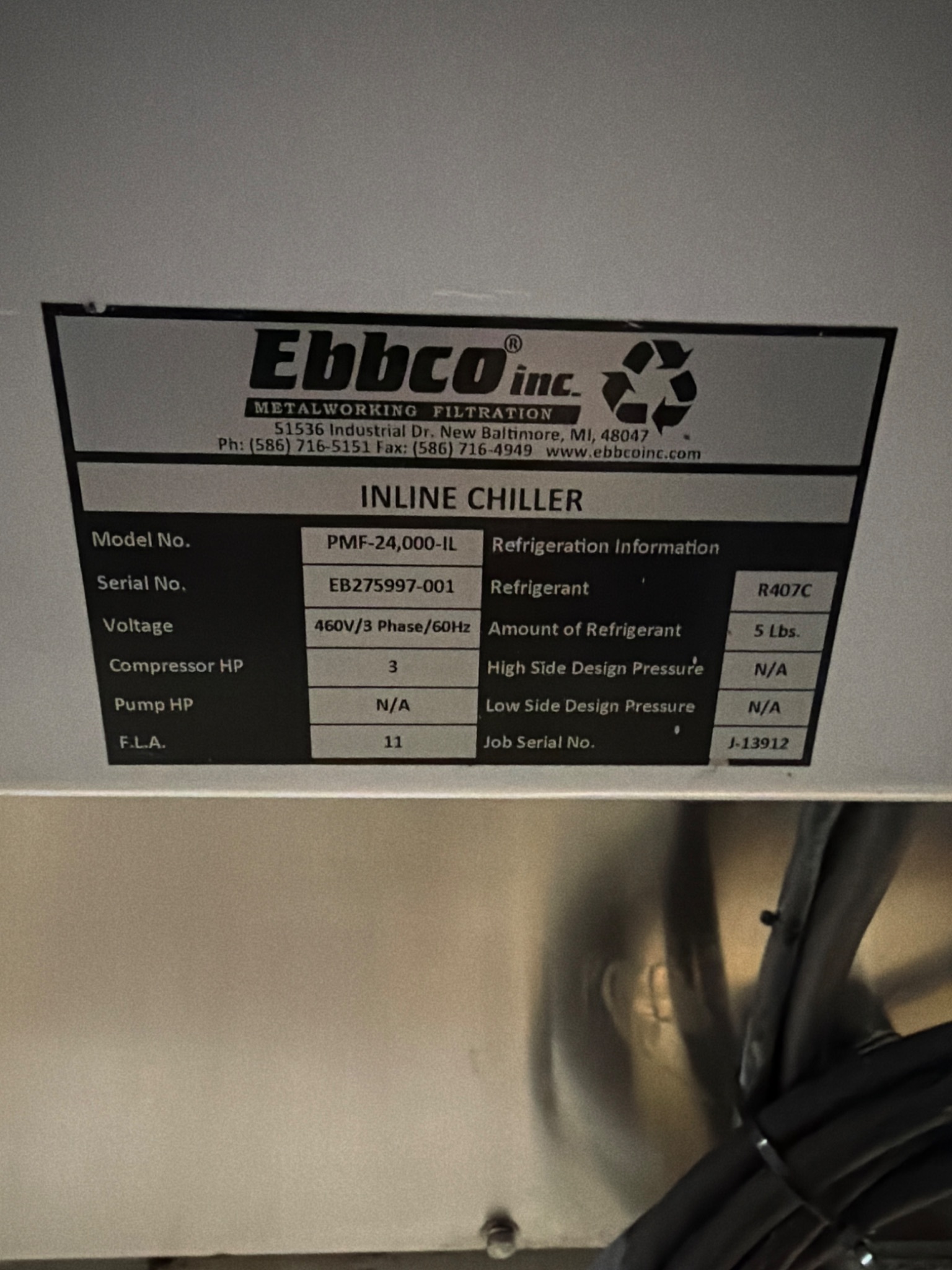 EBBCO PMF‑24,000‑IL In‑Line Chiller w/ PMF‑MWF3‑623 Filter Vessel USED 6