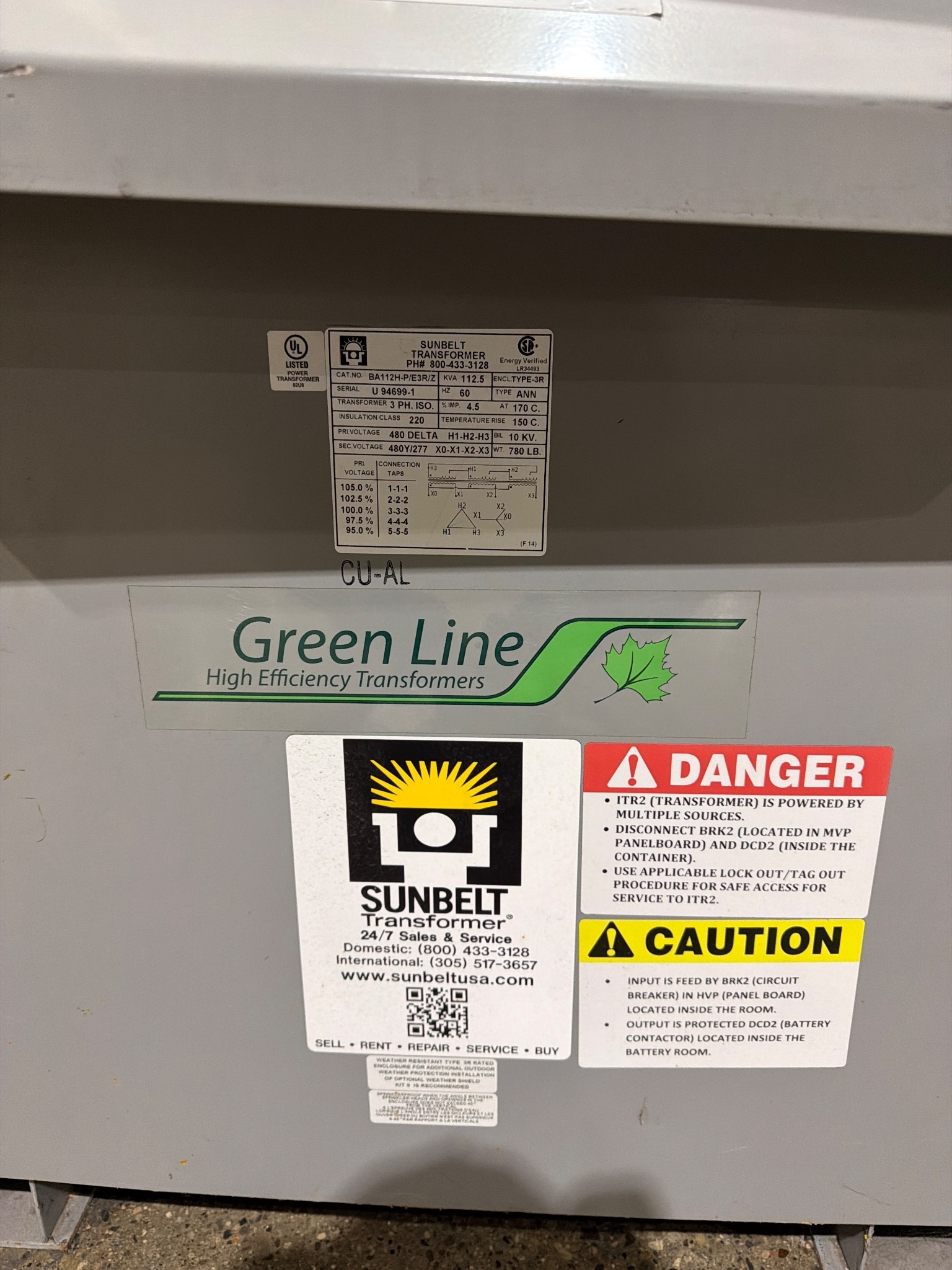 SUNBELT BA112H-P/E3R/Z 112.5 KVA 3-Phase Isolation Transformer USED 1