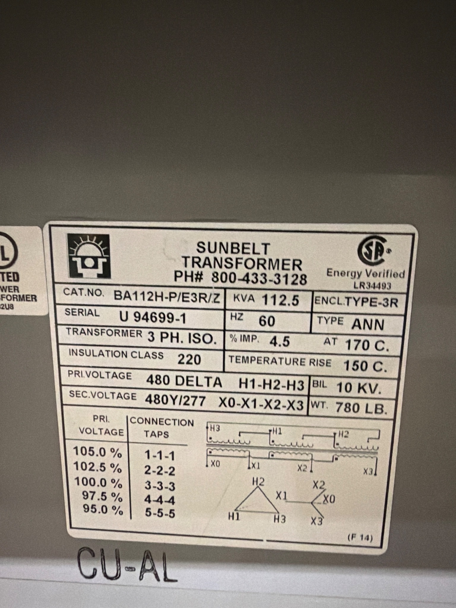 SUNBELT BA112H-P/E3R/Z 112.5 KVA 3-Phase Isolation Transformer USED 5