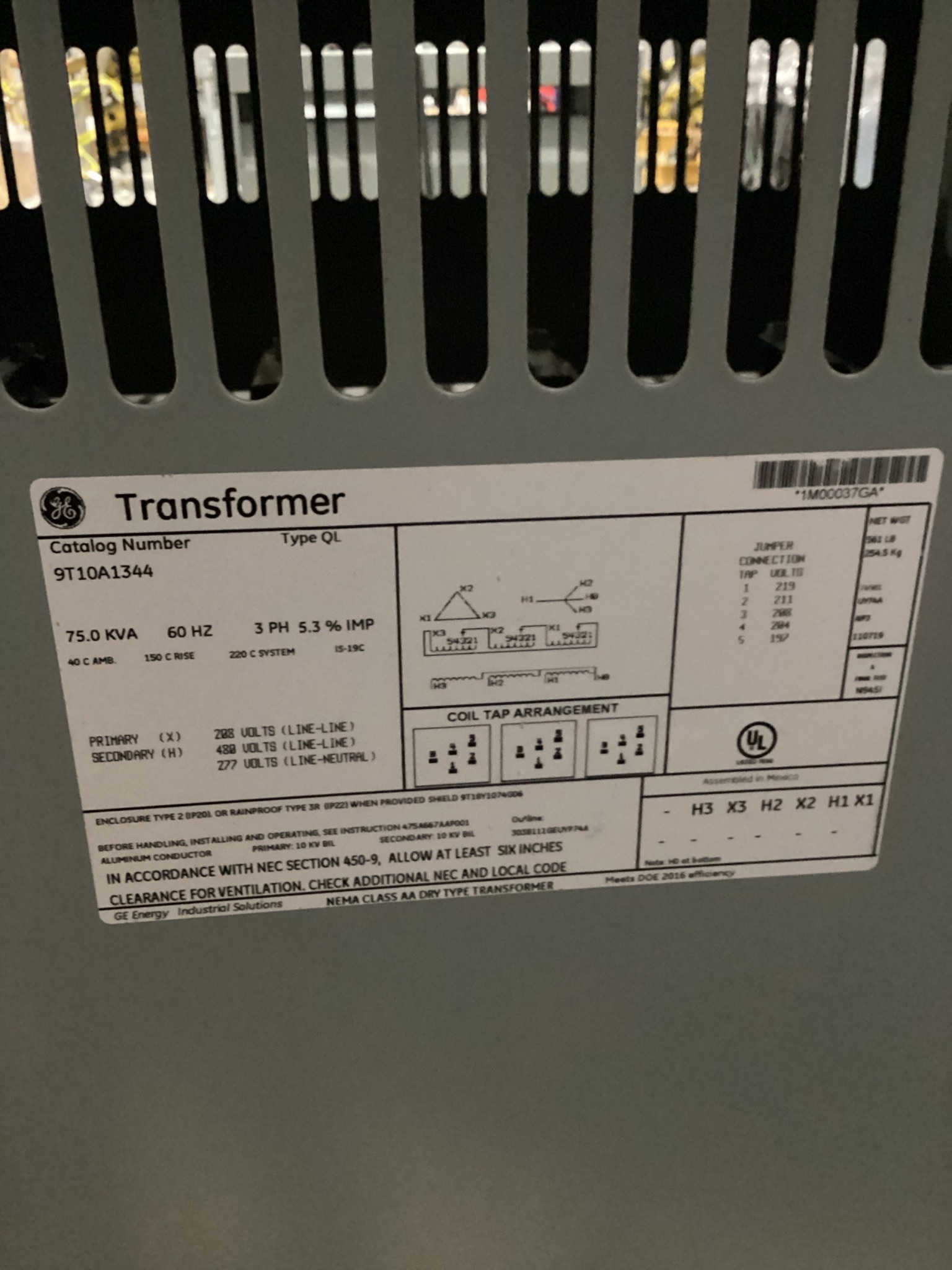 GE 9T10A1344 Transformer 208V - 480Y/277V 75 KVA 3PH USED 7