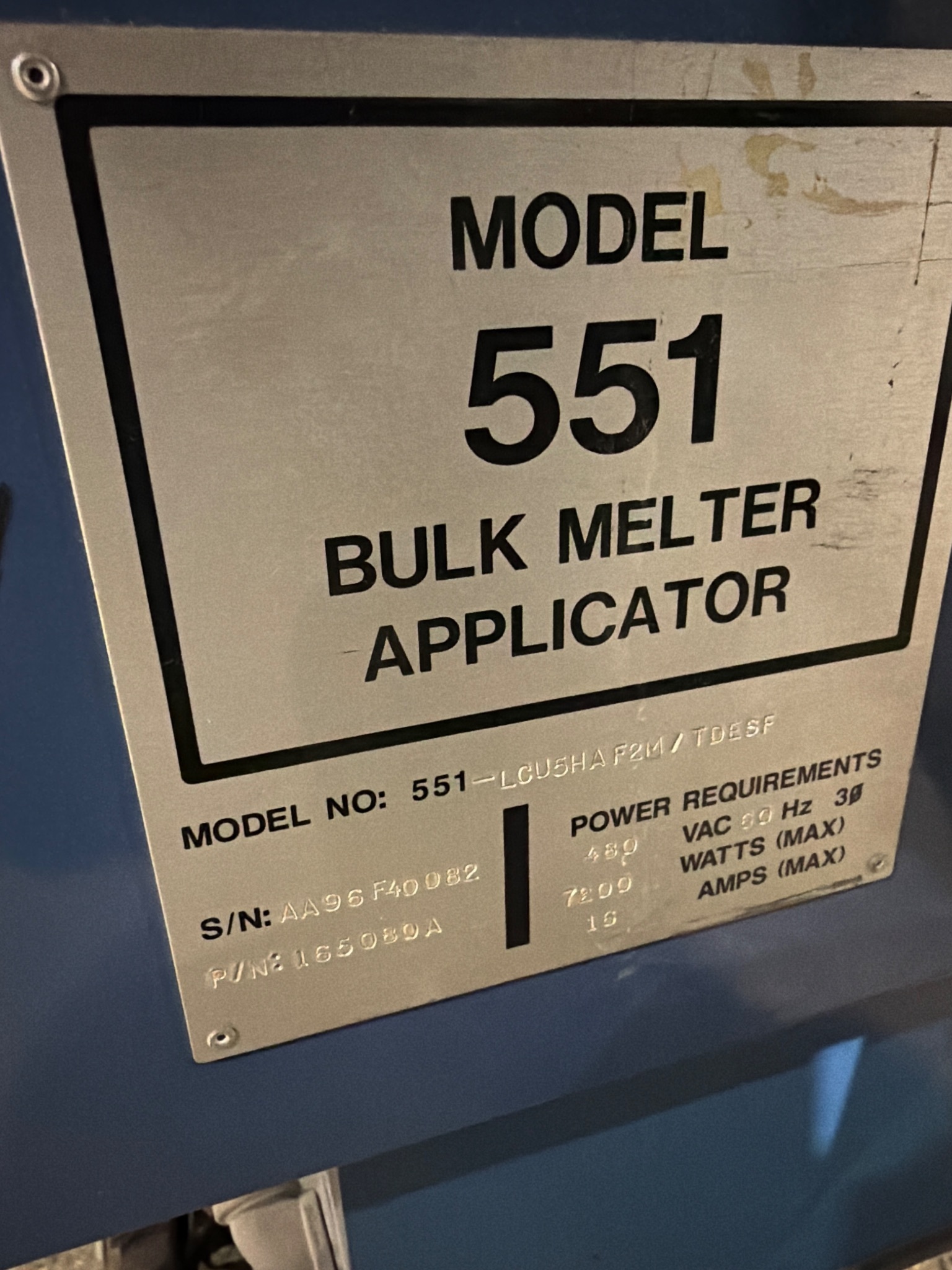 NORDSON 551-LCU5HAF2M/TDESF Bulk Melter Applicator P/N 165080A 480V USED 5
