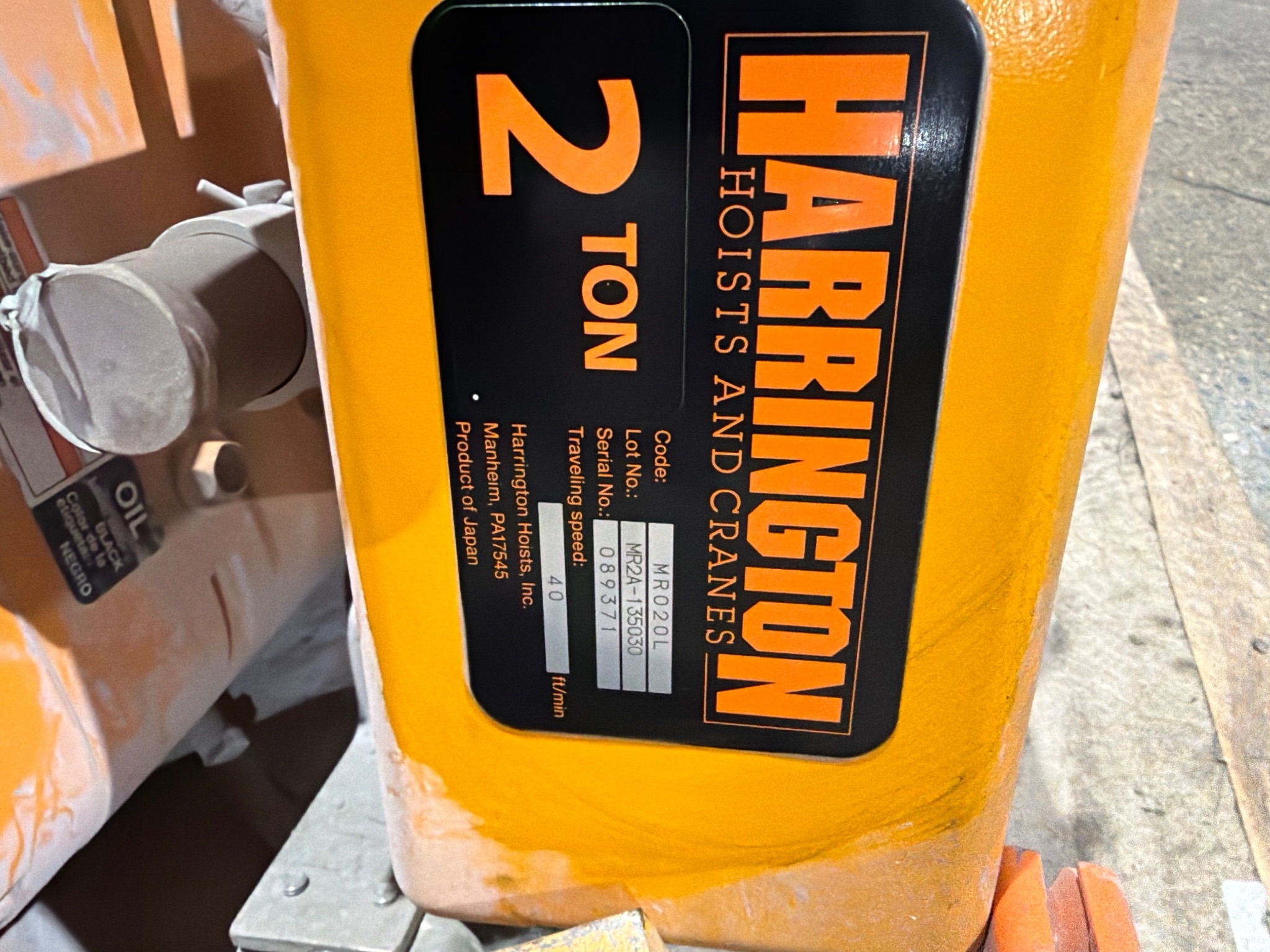 HARRINGTON NER020L 2-Ton Electric Chain Hoist USED 4