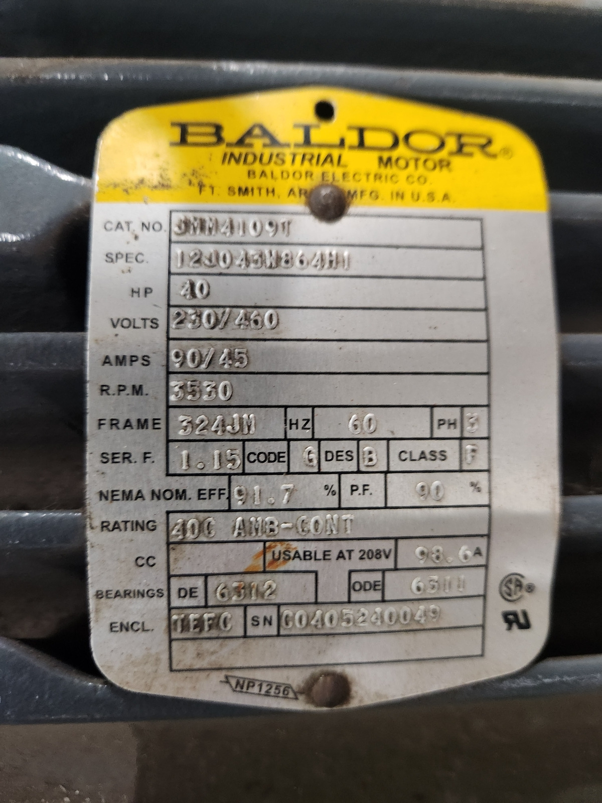 BALDOR 40 HP AC MOTOR JMM4109T 3530 RPM REPAIRED 3