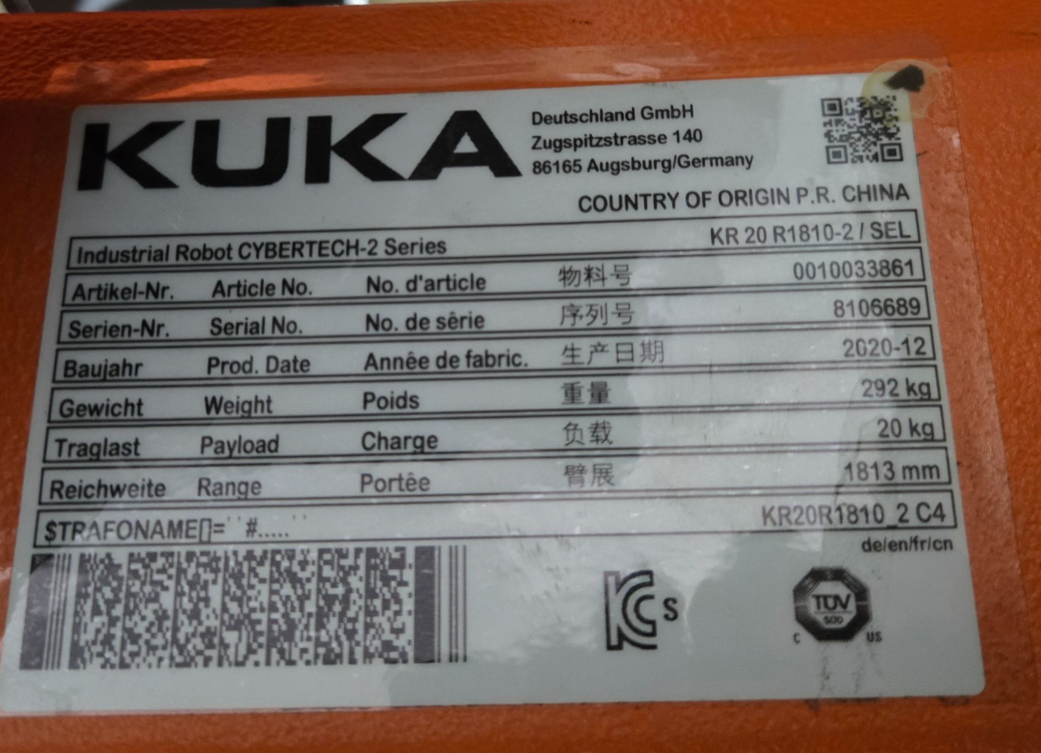KUKA KR 20 R1810‑2/SEL CYBERTECH‑2 Robot w/ KR C4 Controller USED 11
