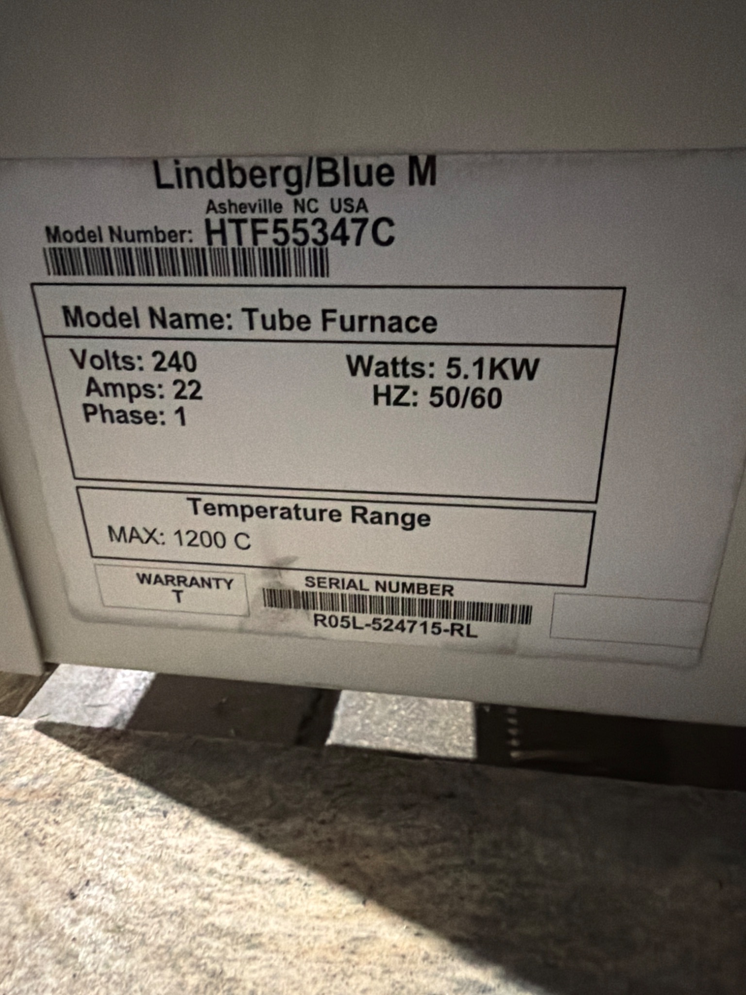 LINDBERG Blue M HTF55347C 1200°C Tube Furnace w/ 58434‑P‑B Control Console USED 3