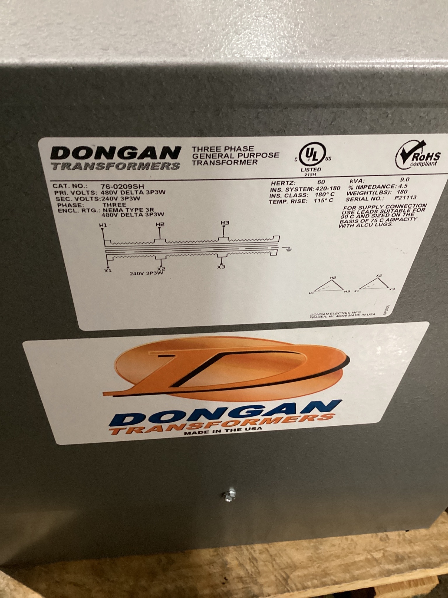 DONGAN 76‑0209SH 9 KVA Transformer 480V - 240V USED 3