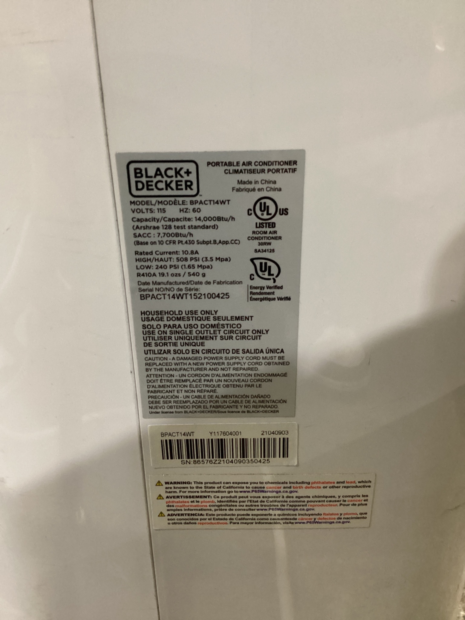 Black & Decker BPACT14WT Portable Air Conditioner with Remote Used 4