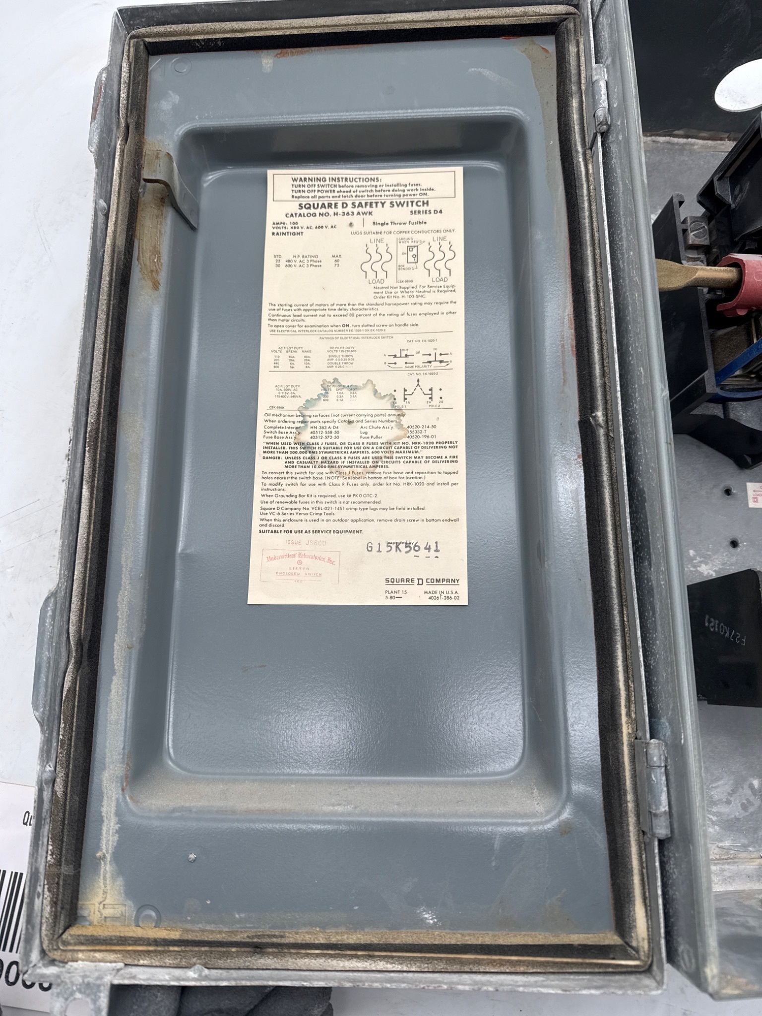 SQUARE D H363AWK 100A 600V Safety Disconnect Switch USED 2