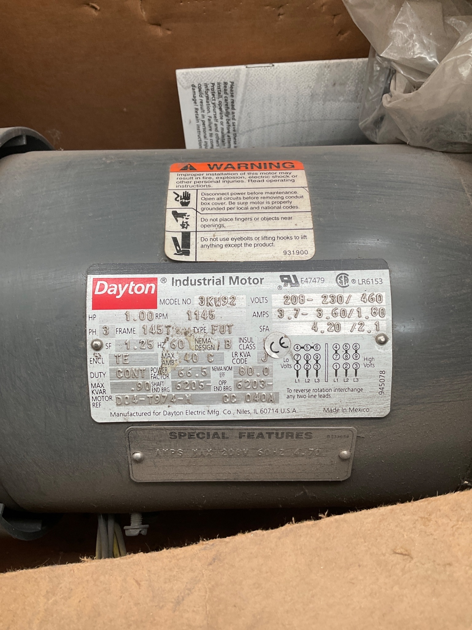 DAYTON 3KW92 1 HP 3‑Phase Electric Motor USED 0