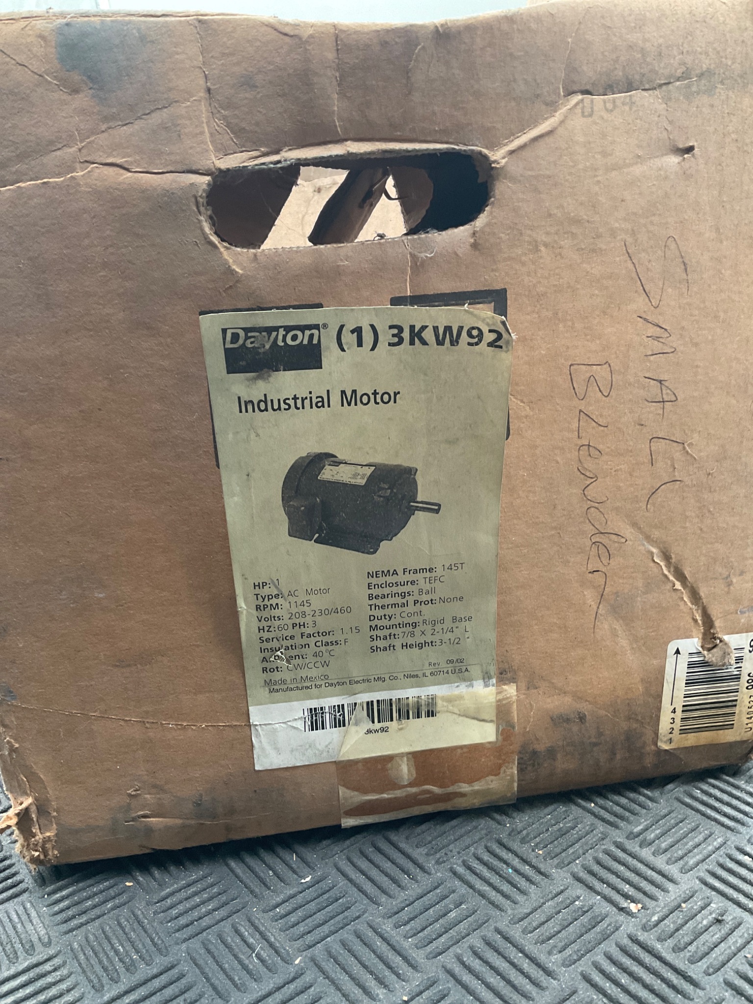 DAYTON 3KW92 1 HP 3‑Phase Electric Motor USED 2