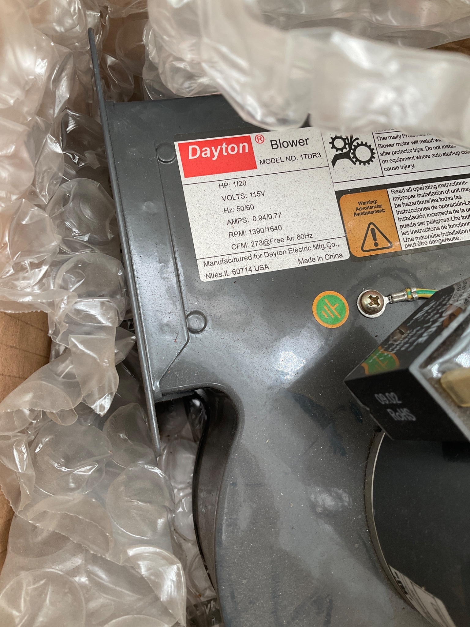DAYTON 1TDR3 273 CFM 1/20 HP Blower NEW 3