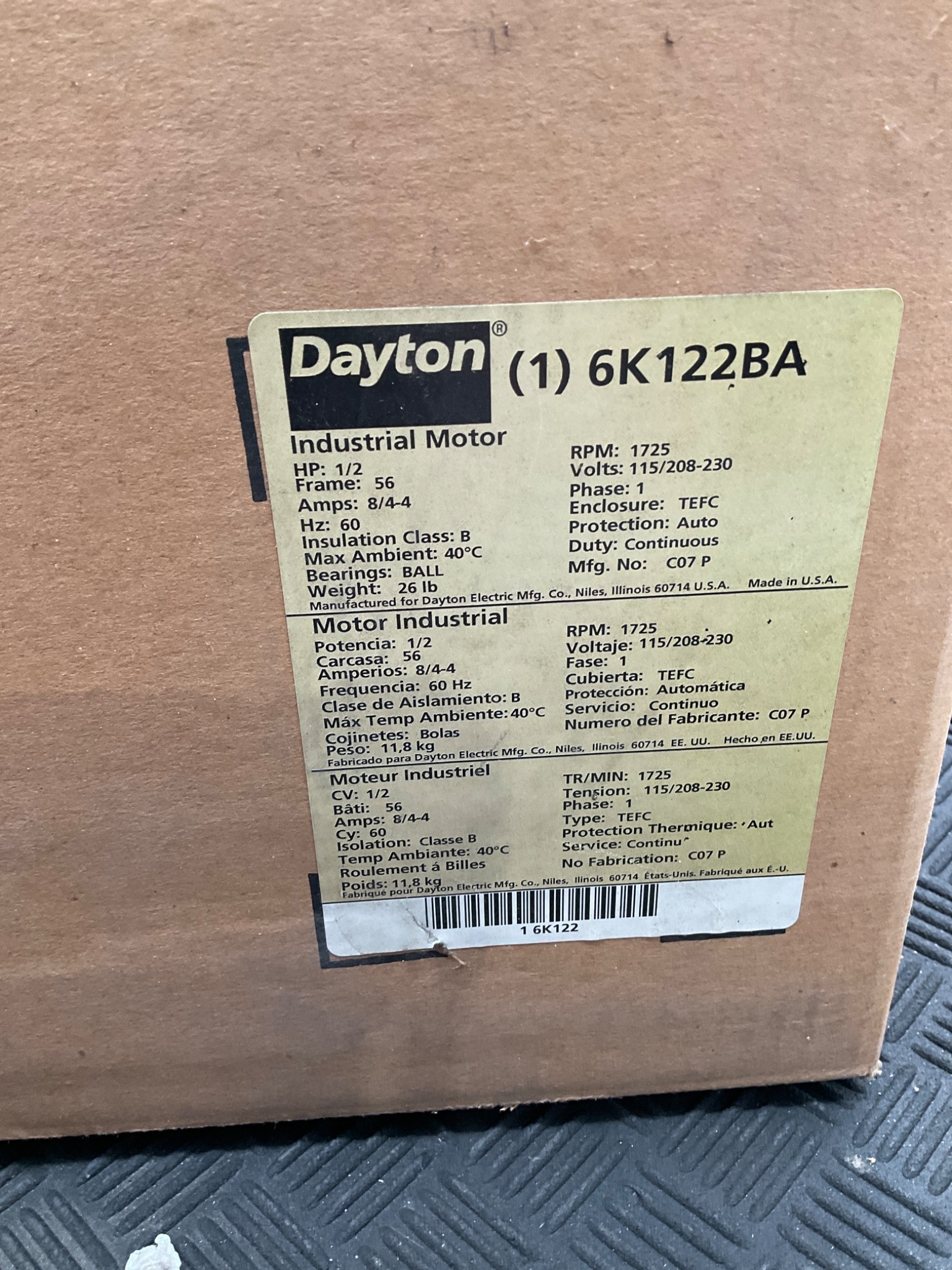 DAYTON 6K122BA 1/2 HP 1‑Phase General Purpose Motor NEW 1