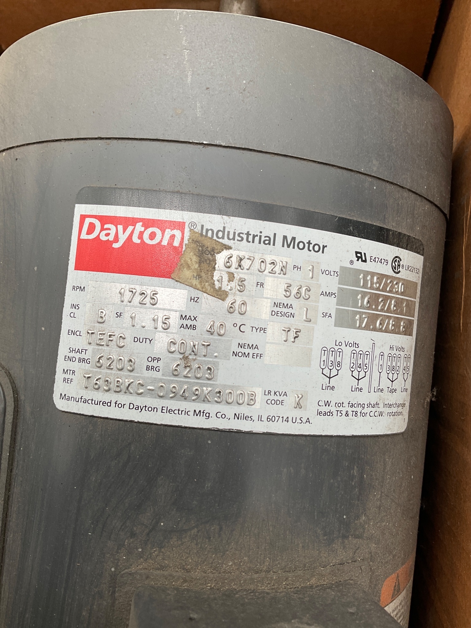 DAYTON 6K702N 1.5 HP General Purpose Motor USED 4