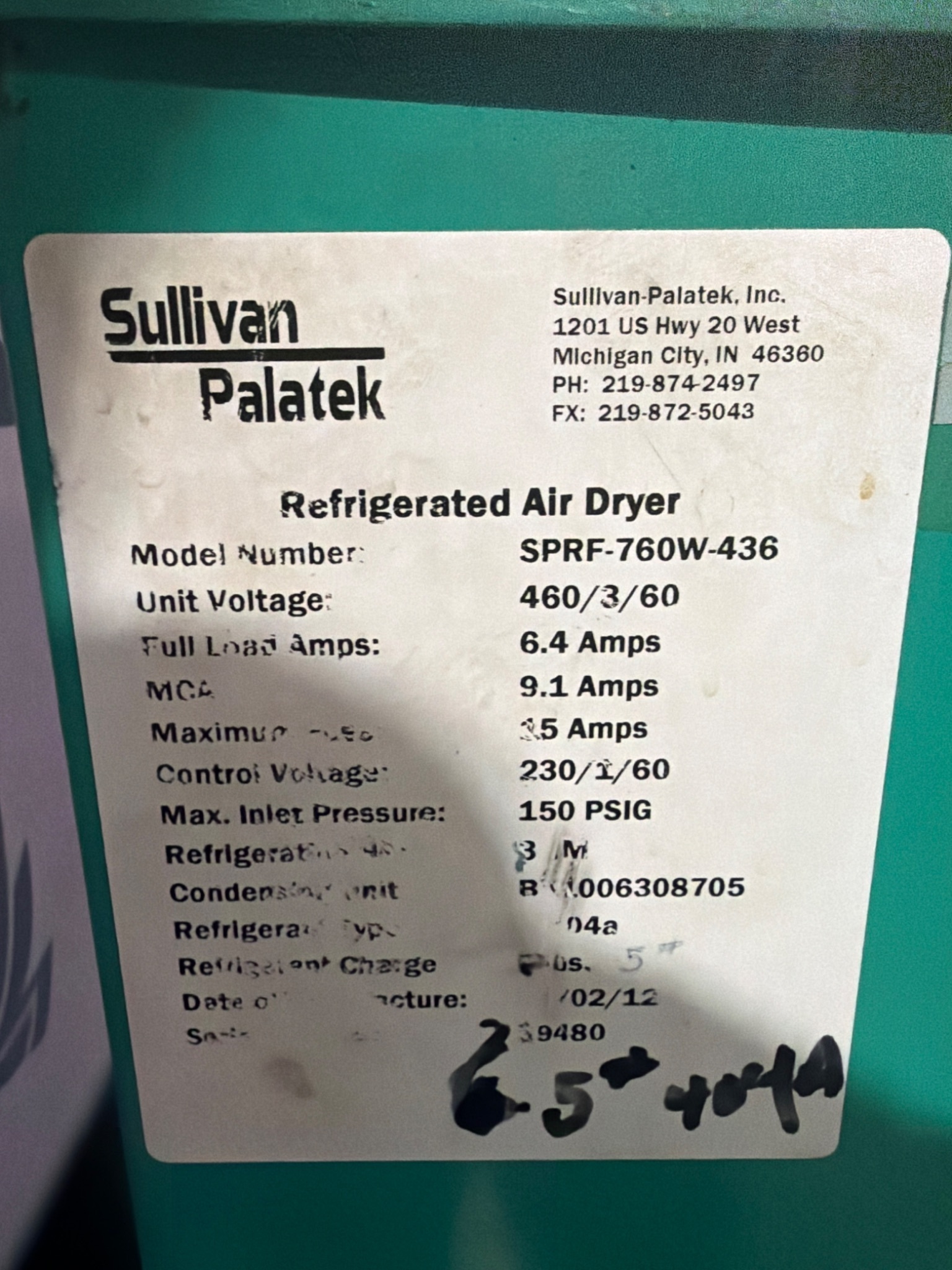 SULLIVAN PALATEK SPRF‑760W‑436 Refrigerated Air Dryer USED 3