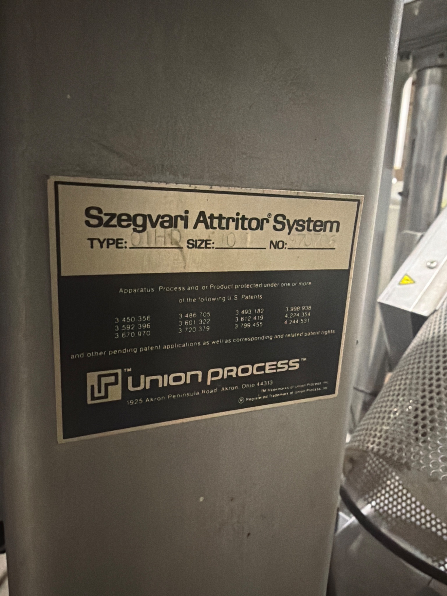 UNION PROCESS Type B Size 01HD Szegvari Attritor System USED 7