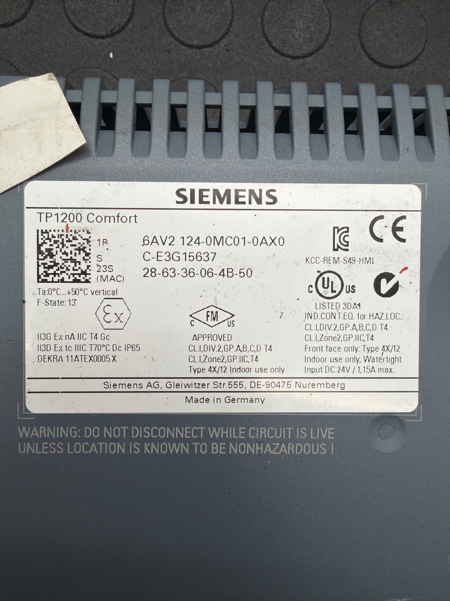 SIEMENS 6AV2 124‑0MC01‑0AX0 SIMATIC TP1200 Comfort HMI USED 3