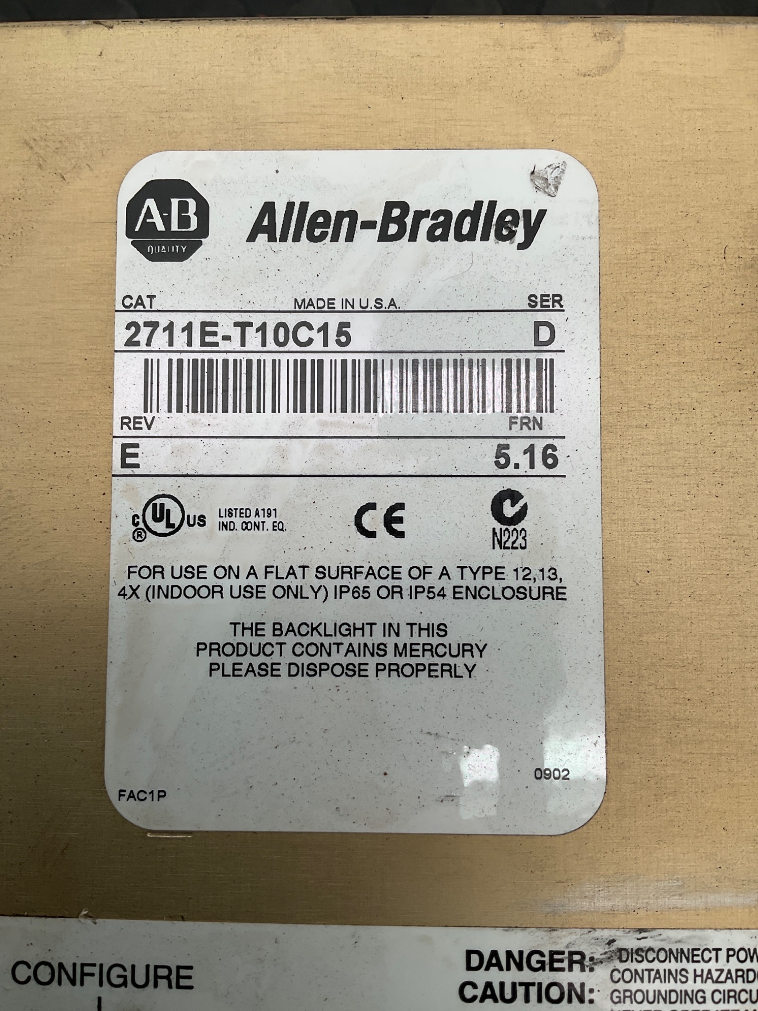 ALLEN BRADLEY 2711E‑T10C15 PanelView 1000e HMI USED 4