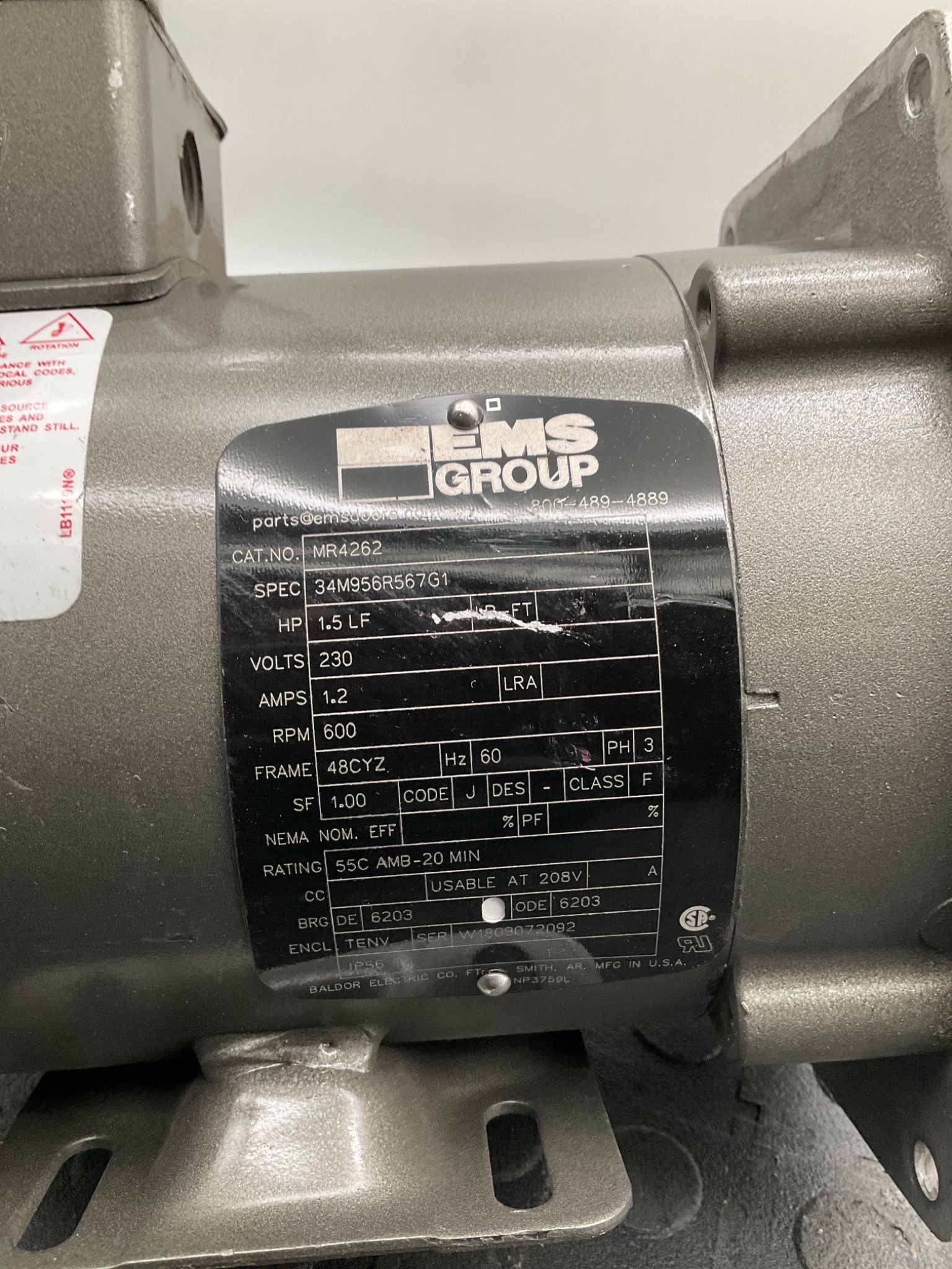 EMS GROUP MR4262 1.5 HP 230V 3‑Phase Motor USED 4
