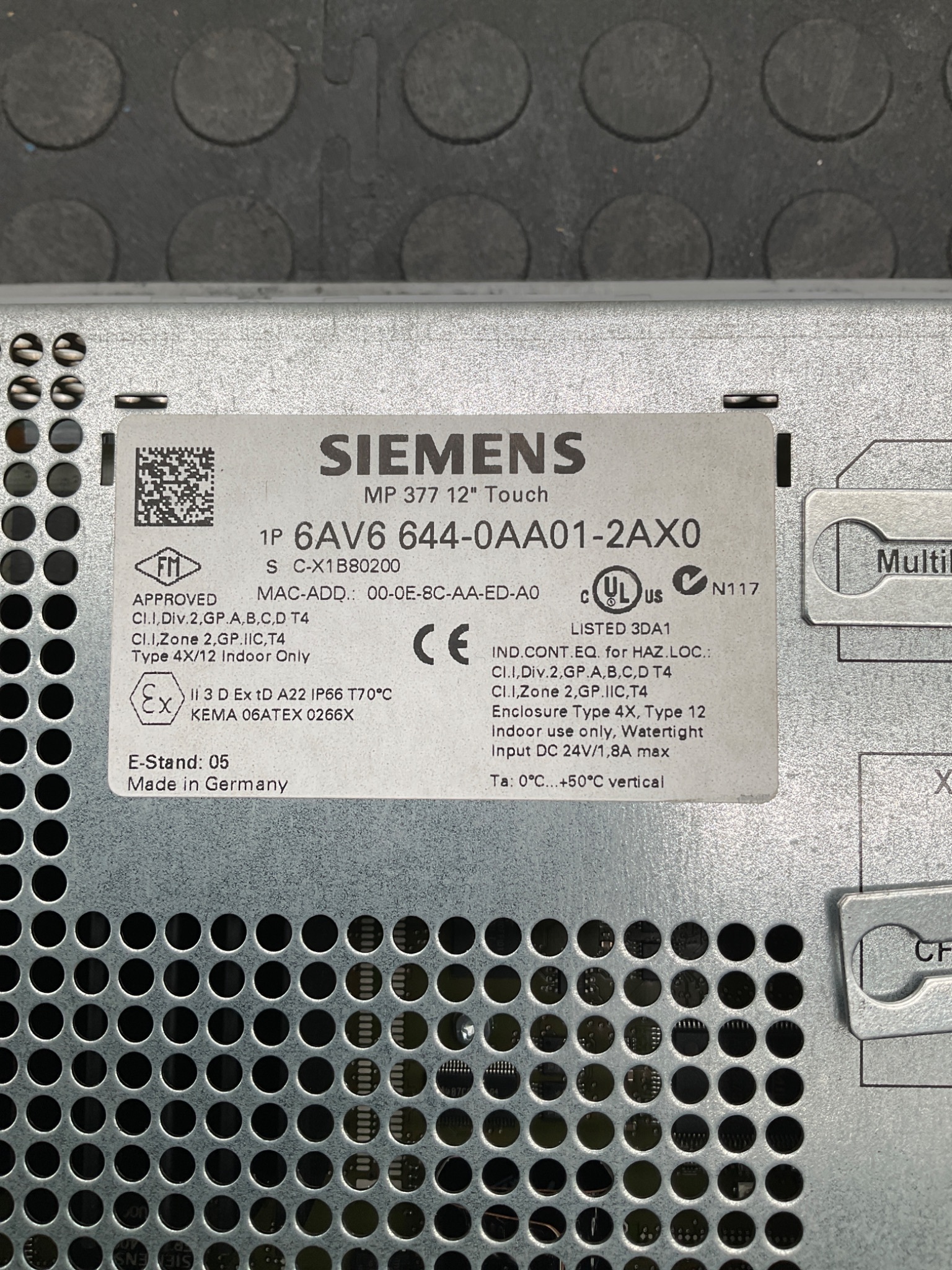 SIEMENS 6AV6 644‑0AA01‑2AX0 SIMATIC MP 377 12" Touch HMI Panel USED 4